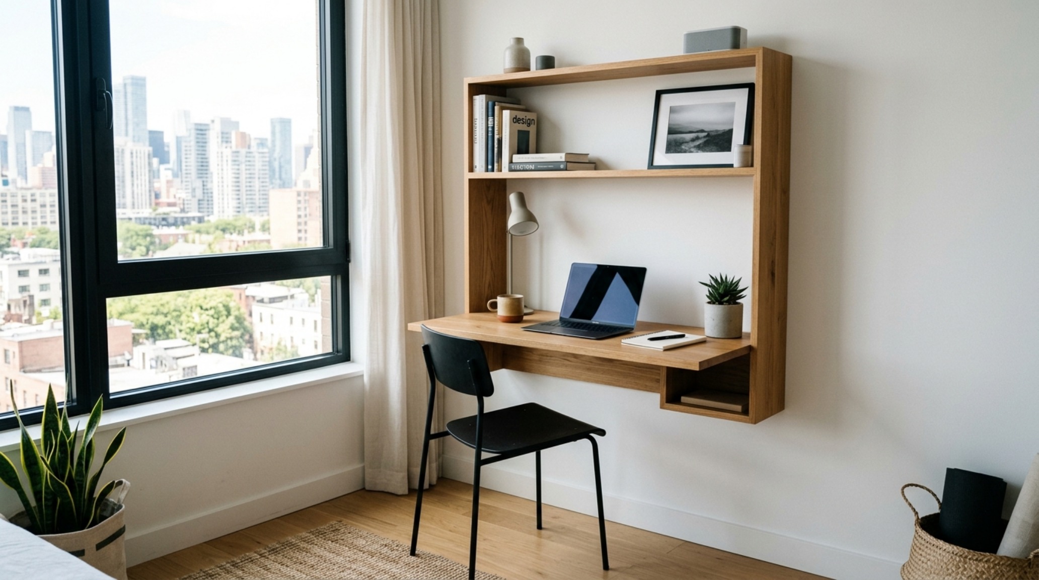 Space-saving minimalist pieces like a wall-mounted floating desk in walnut wood, optimizing floor space in a small architectural footprint. Space-saving minimalist pieces like a wall-mounted floating desk in walnut wood, optimizing floor space in a small architectural footprint.