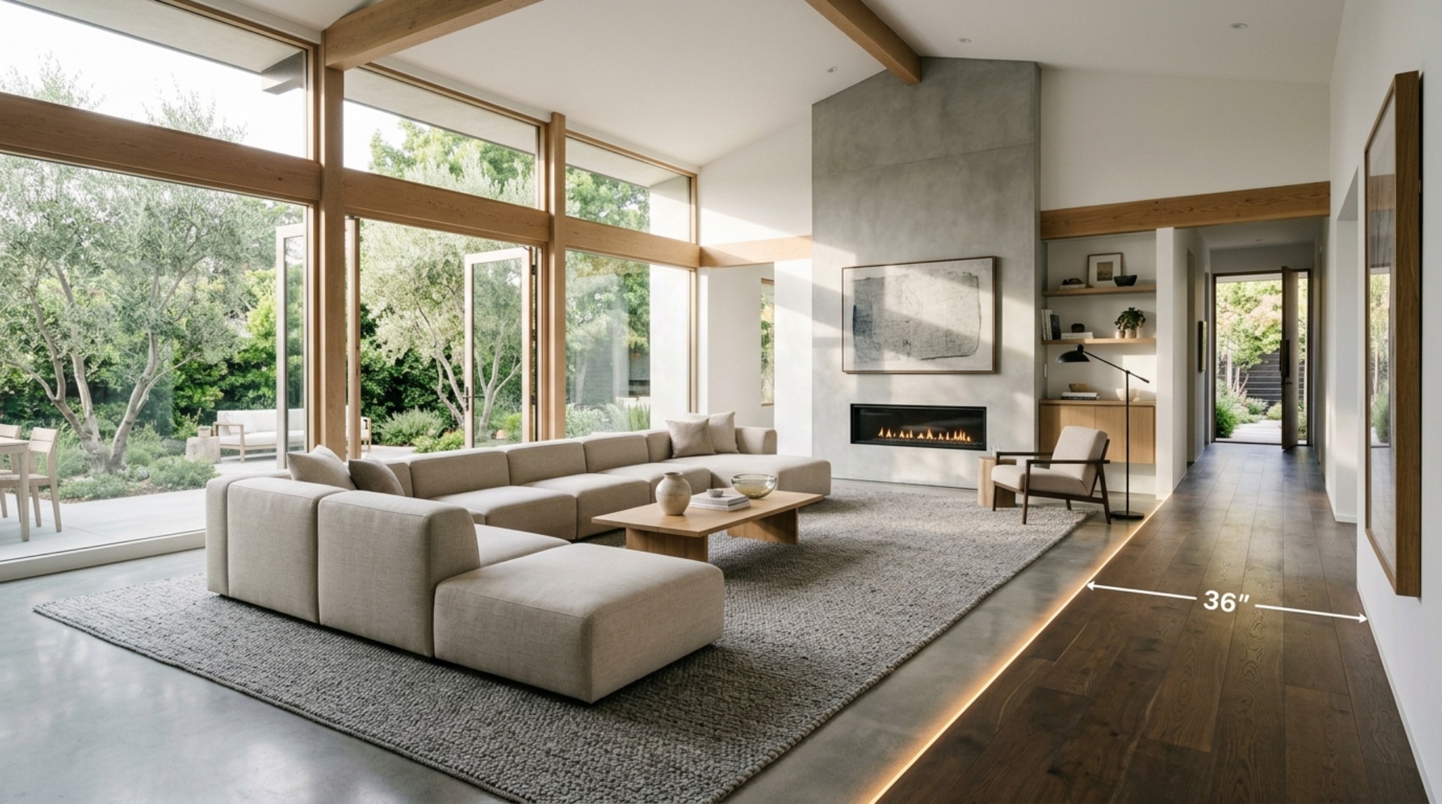 Modern minimalist living room layout showing 36-inch circulation paths between a modular sofa and a floor-to-ceiling oak bookshelf. Modern minimalist living room layout showing 36-inch circulation paths between a modular sofa and a floor-to-ceiling oak bookshelf.