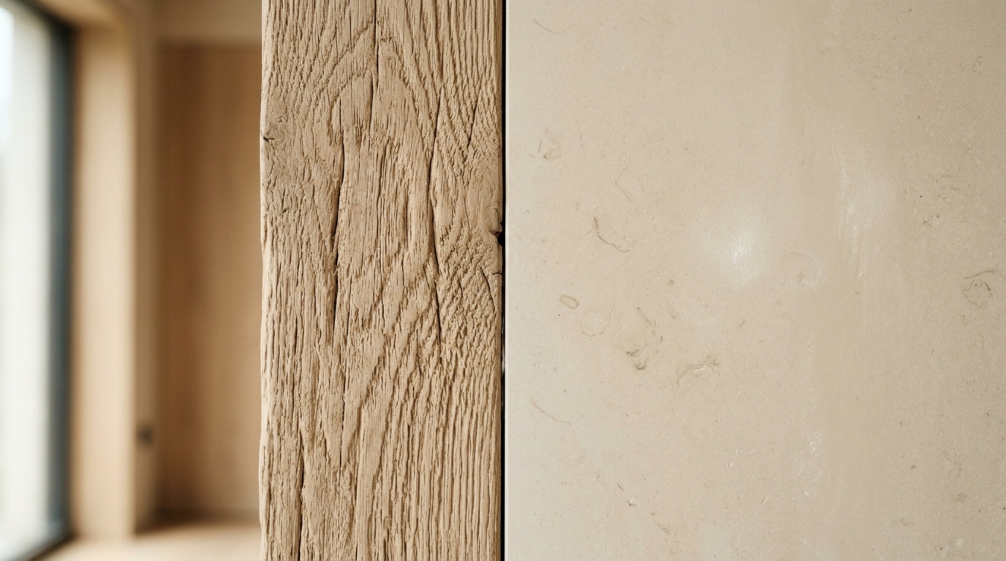 Organic minimalist interior design detail focusing on the grain of a sandblasted oak tabletop and the soft patina of a brass vessel. Organic minimalist interior design detail focusing on the grain of a sandblasted oak tabletop and the soft patina of a brass vessel.