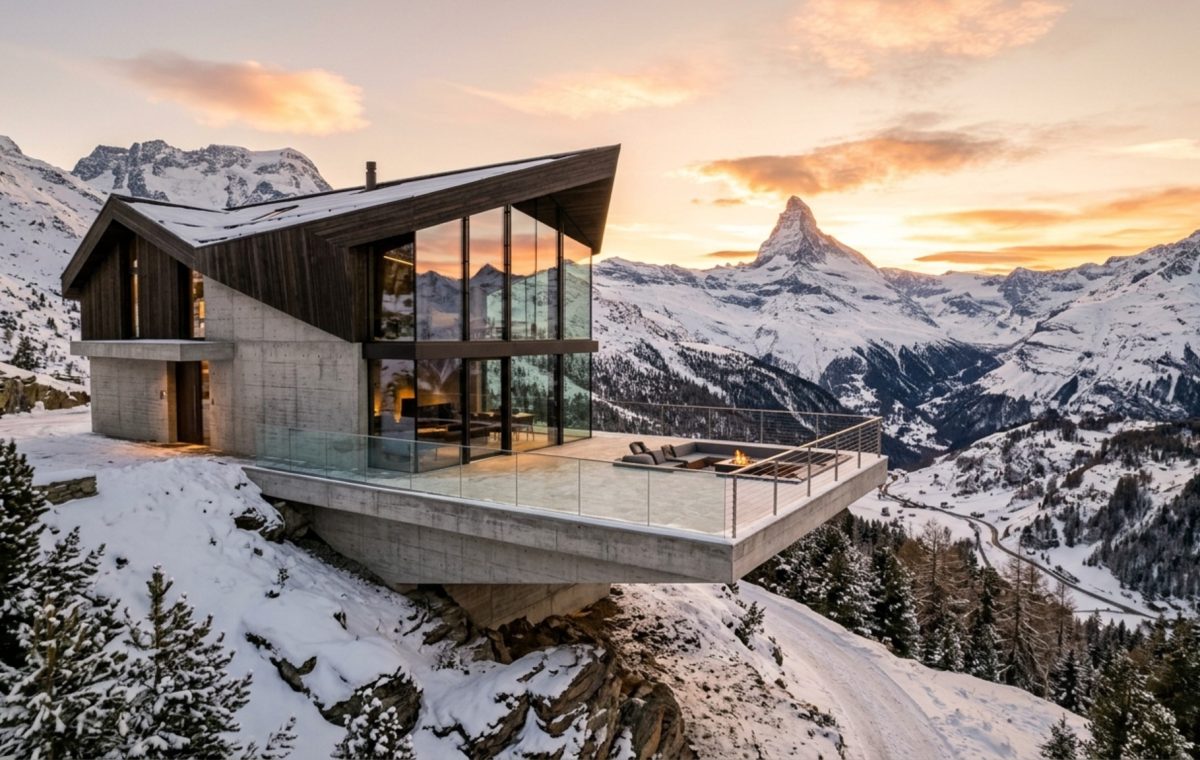Modern alpine architecture featuring expansive floor-to-ceiling glass walls and a cantilevered living area overlooking the Swiss peaks.