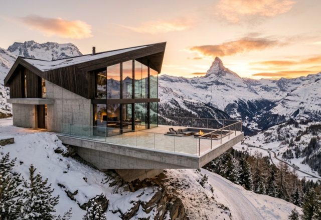 Modern alpine architecture featuring expansive floor-to-ceiling glass walls and a cantilevered living area overlooking the Swiss peaks.