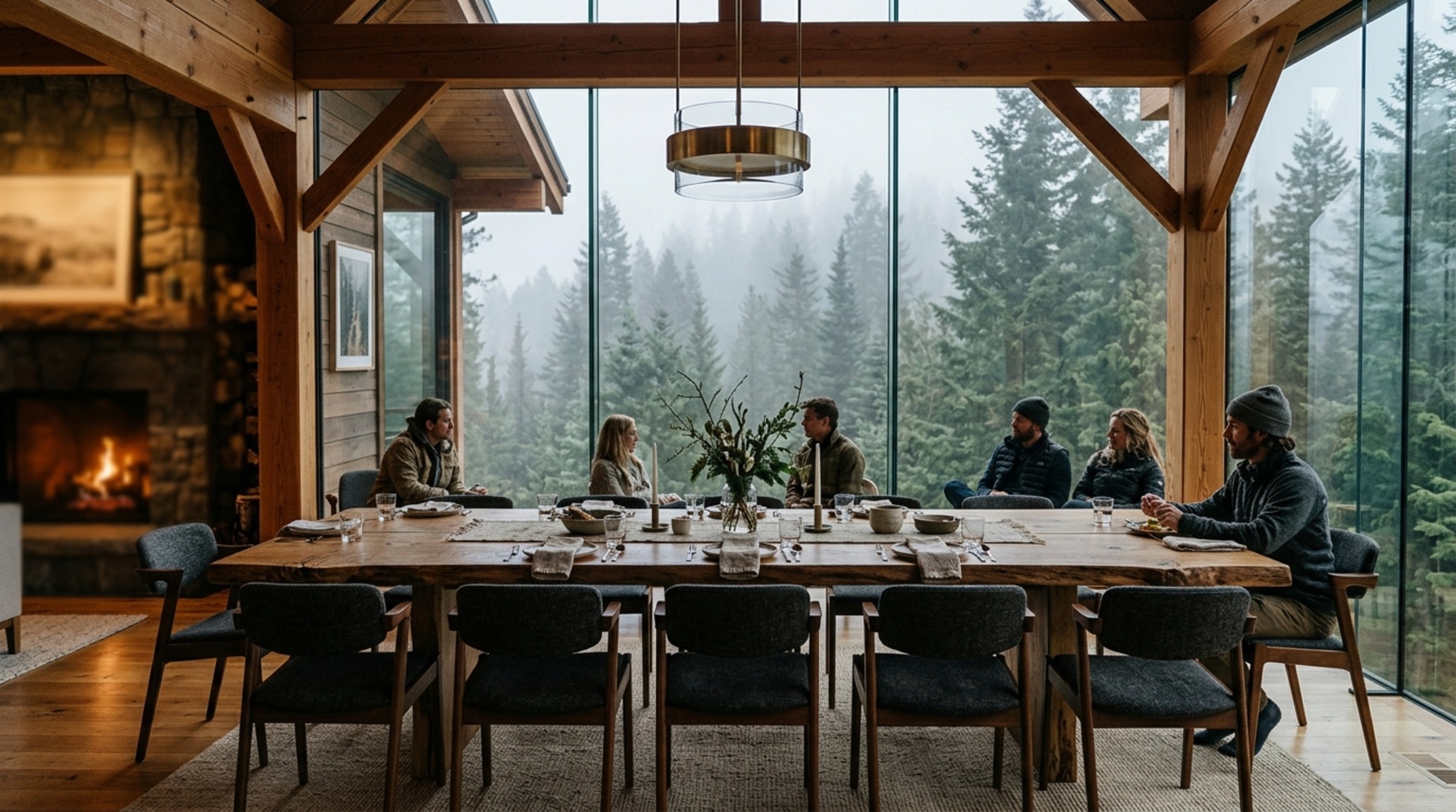Timber frame mountain homes with a double-height dining room featuring a long live-edge oak table and views of a snow-covered pine forest.