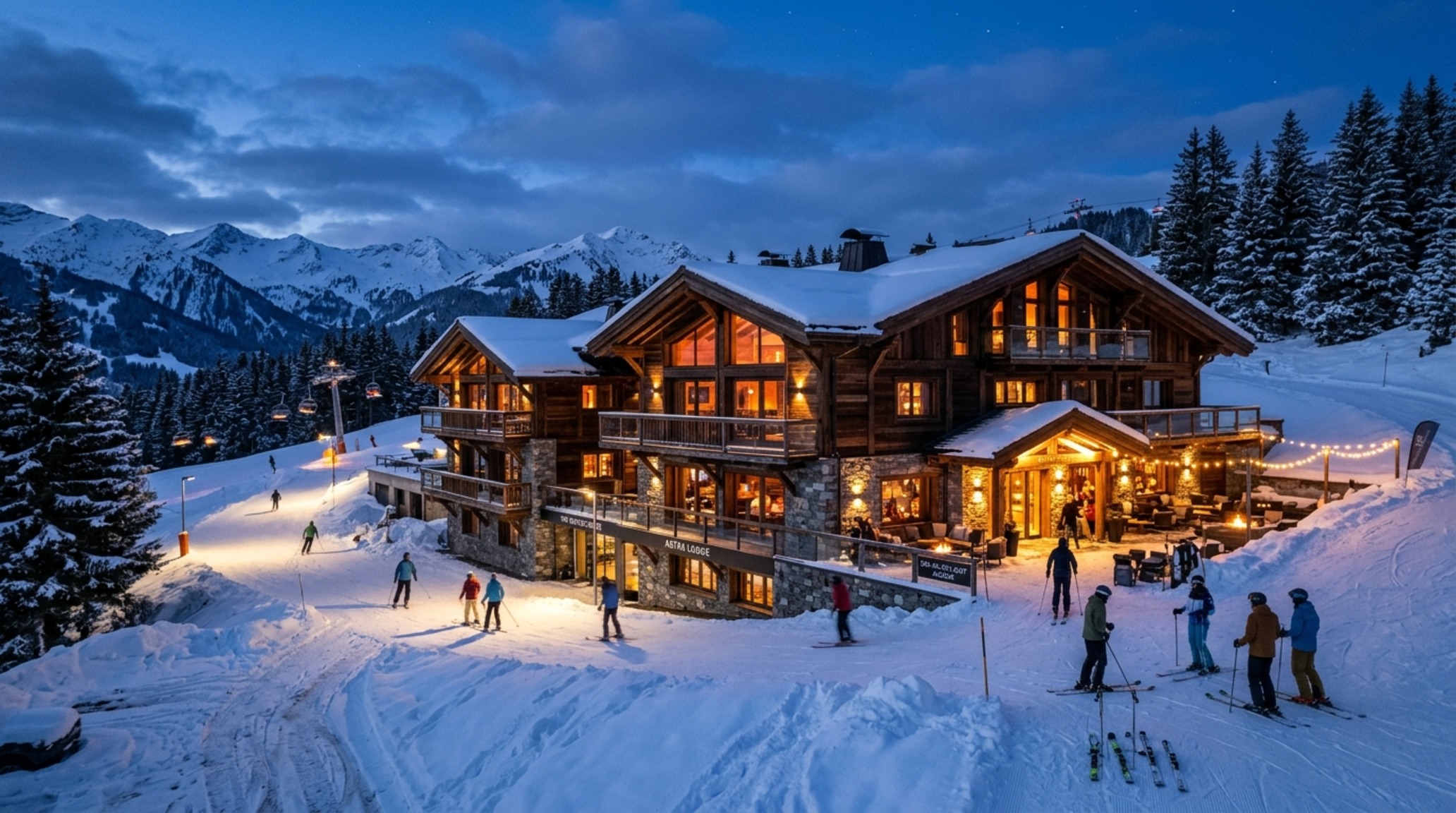 Ski-in ski-out property layout showing the exterior facade at dusk, with warm 2700K light spilling out from the large glass apertures onto the snow.