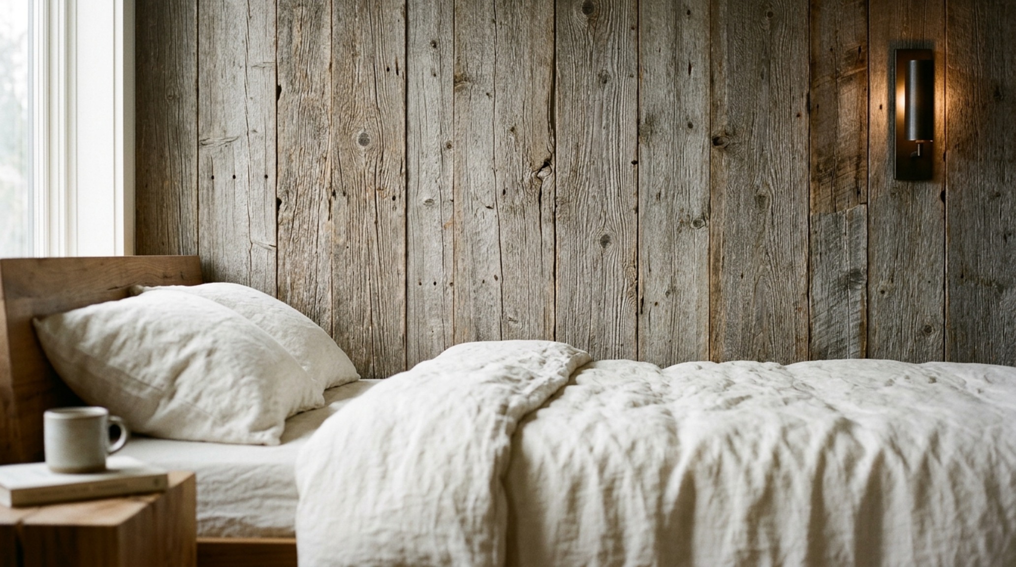 Reclaimed wood chalet finishes used on a master bedroom accent wall, paired with a low-profile linen bed and soft 2700K pendant lighting.