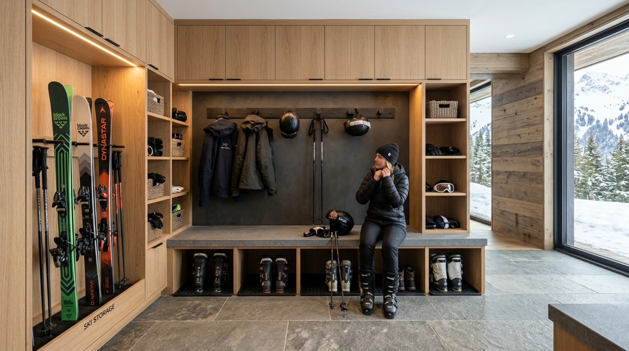 High-altitude mudroom design with custom floor-to-ceiling oak lockers, integrated stone benches, and a heated slate floor for winter gear.