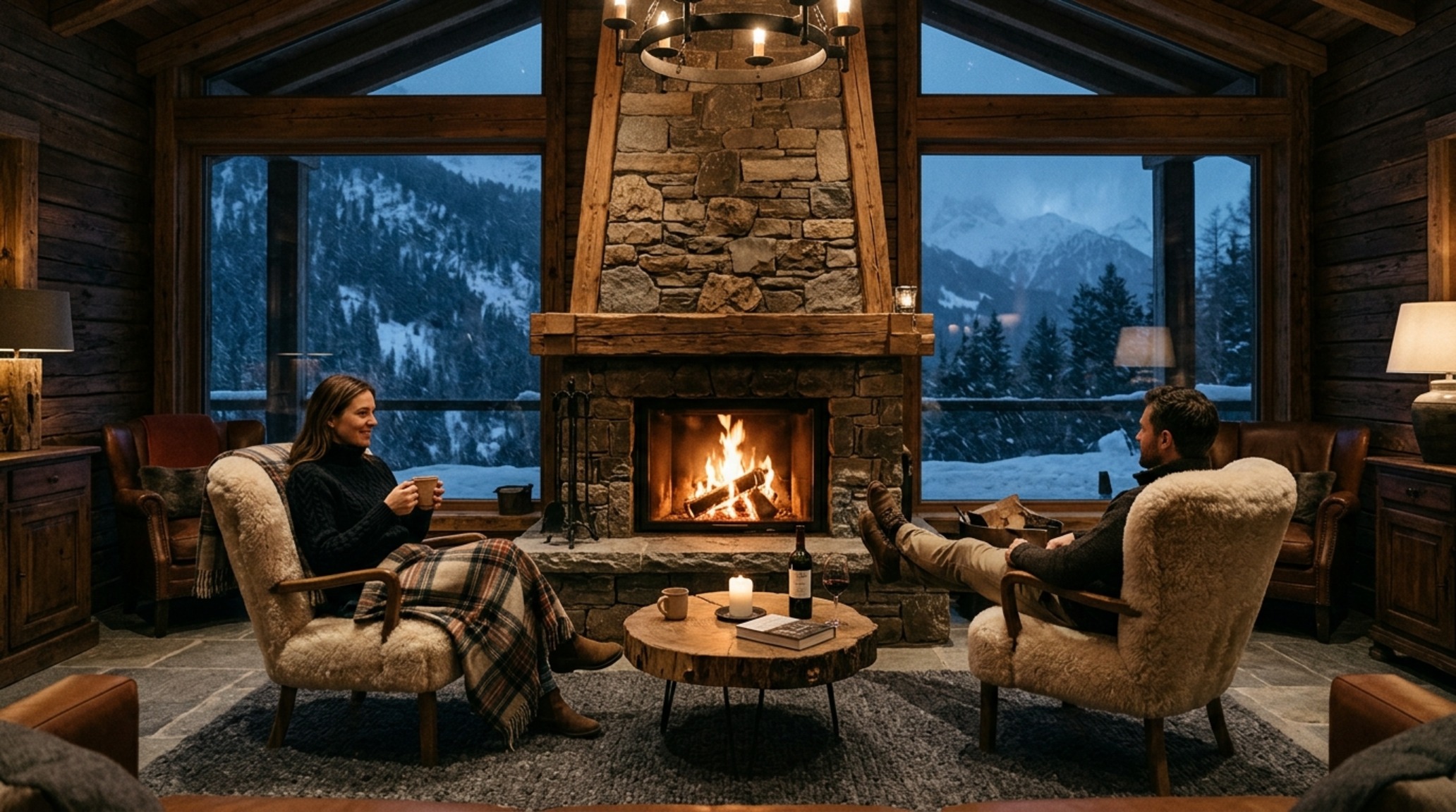 Luxury ski lodge interiors showcasing a circular conversation pit with shearling-covered seating and a central black steel hanging fireplace.