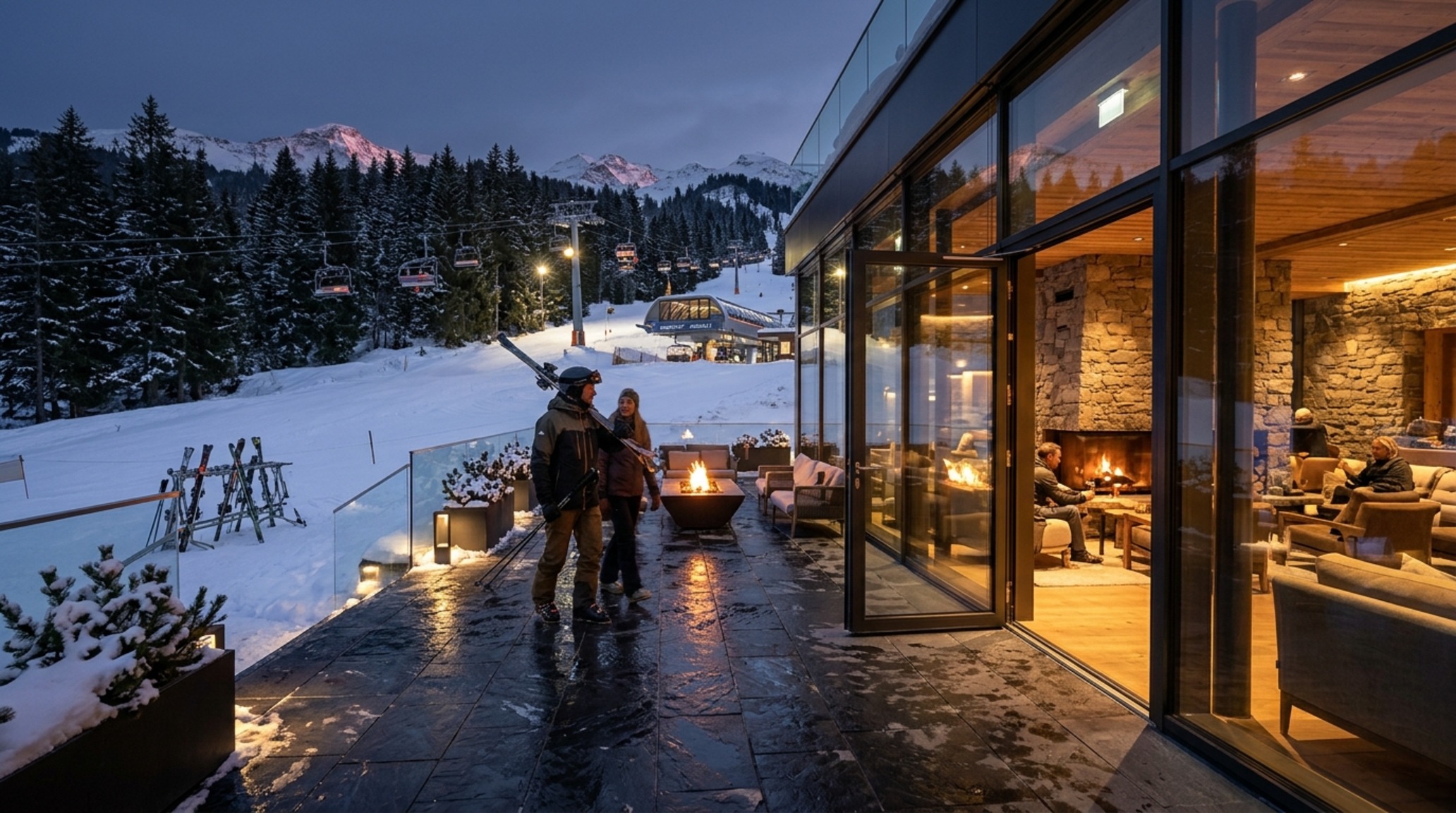 Ski-in ski-out property layout highlighting a seamless transition from the outdoor stone terrace to a heated indoor wellness suite and sauna.