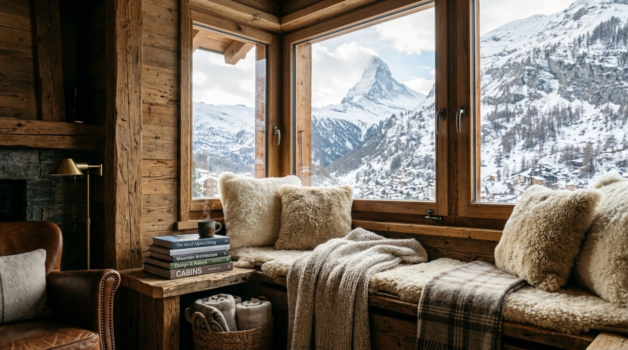 Luxury ski lodge interiors featuring a primary suite with a panoramic window seat, textured wool throws, and hand-applied lime wash walls.