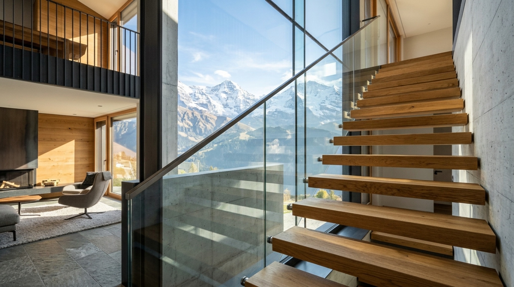 Modern alpine architecture detailing a floating staircase made of solid timber treads and a minimalist glass balustrade in a sun-drenched atrium.
