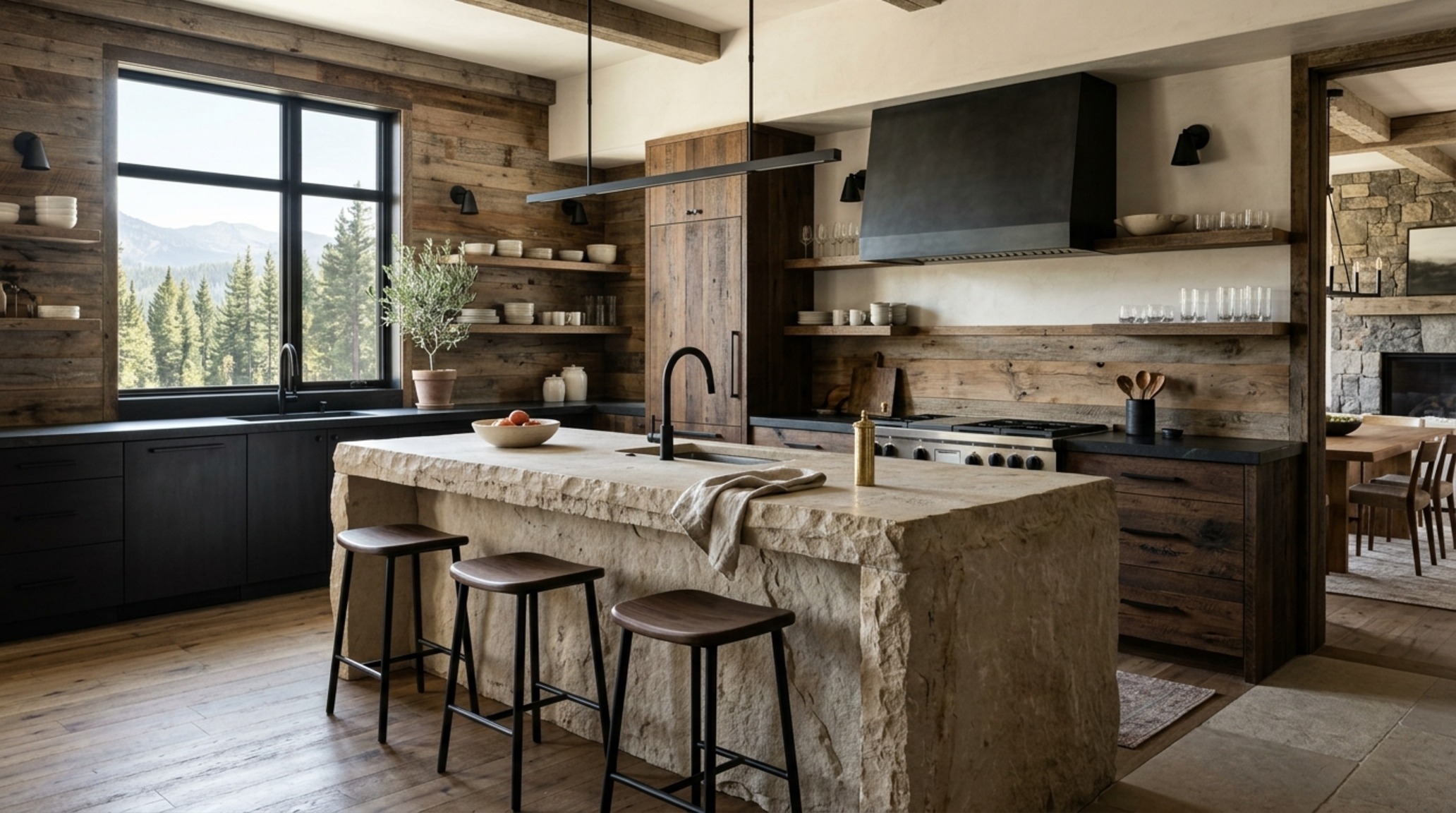 Reclaimed wood chalet finishes applied to a kitchen island with a honed grey limestone countertop and concealed high-end appliances.
