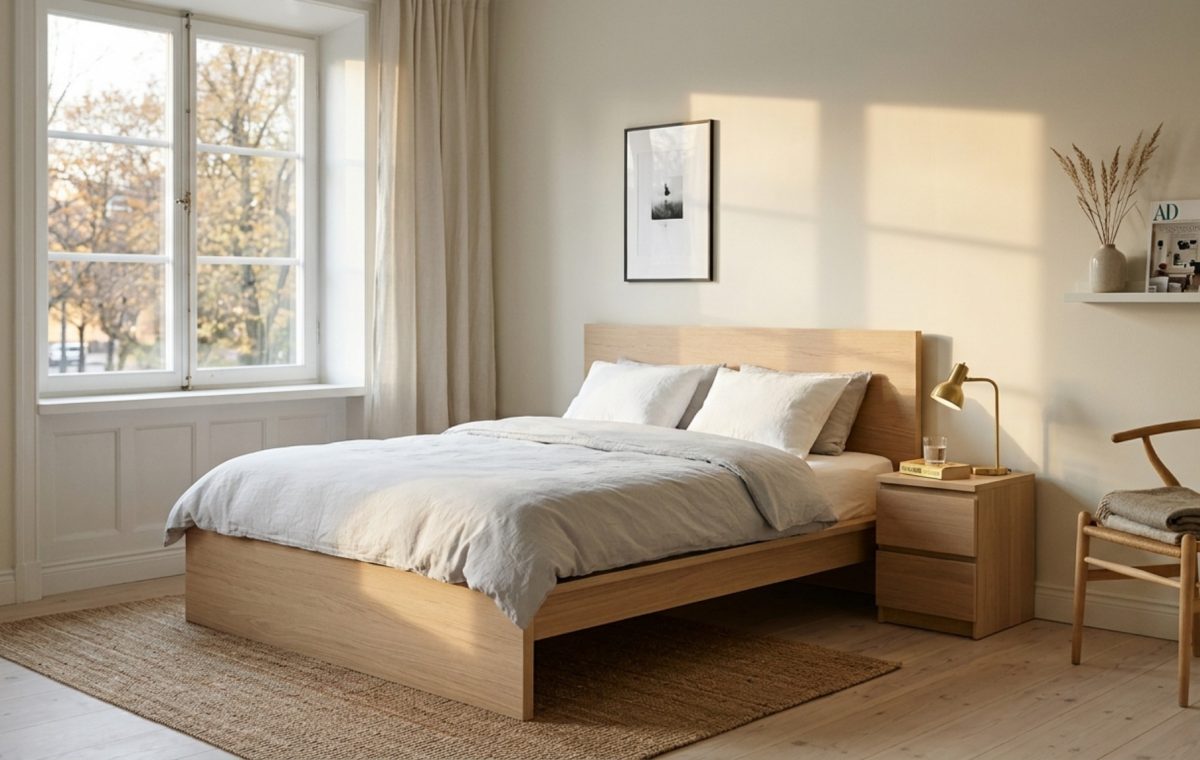 Scandinavian bedroom design 2012 featuring a minimalist MALM bed frame in white stained oak veneer with 2700K warm ambient lighting and soft linen textiles.