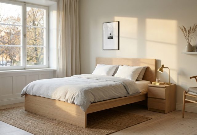 Scandinavian bedroom design 2012 featuring a minimalist MALM bed frame in white stained oak veneer with 2700K warm ambient lighting and soft linen textiles.