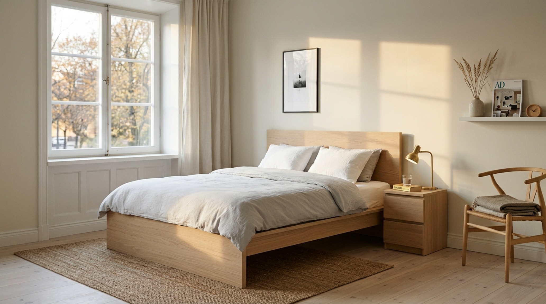 Scandinavian bedroom design 2012 featuring a minimalist MALM bed frame in white stained oak veneer with 2700K warm ambient lighting and soft linen textiles. Scandinavian bedroom design 2012 featuring a minimalist MALM bed frame in white stained oak veneer with 2700K warm ambient lighting and soft linen textiles.