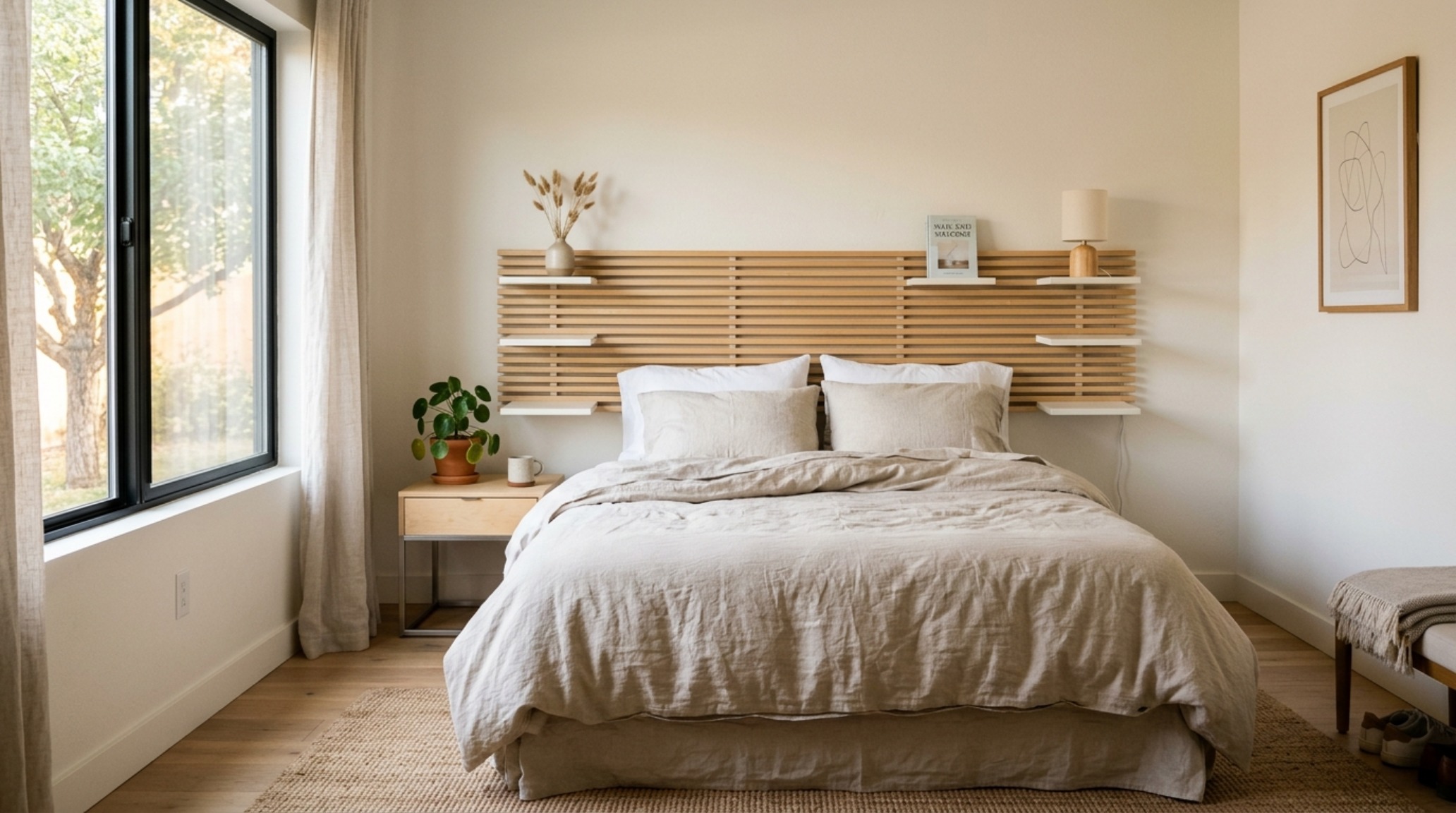 Vintage IKEA furniture trends showing a 2012 MANDAL headboard with adjustable birch shelves integrated into a contemporary Japandi-style bedroom. Vintage IKEA furniture trends showing a 2012 MANDAL headboard with adjustable birch shelves integrated into a contemporary Japandi-style bedroom.