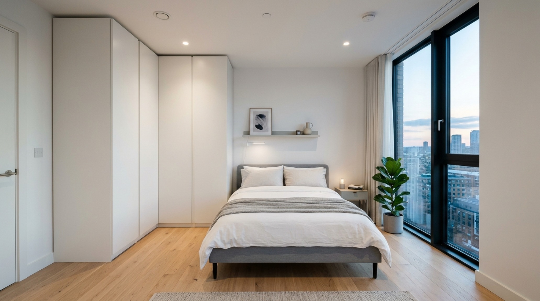 Small bedroom layout rules applied to a compact urban space using a 2012 IKEA PAX wardrobe system to maximize vertical storage and maintain 36-inch clearances. Small bedroom layout rules applied to a compact urban space using a 2012 IKEA PAX wardrobe system to maximize vertical storage and maintain 36-inch clearances.