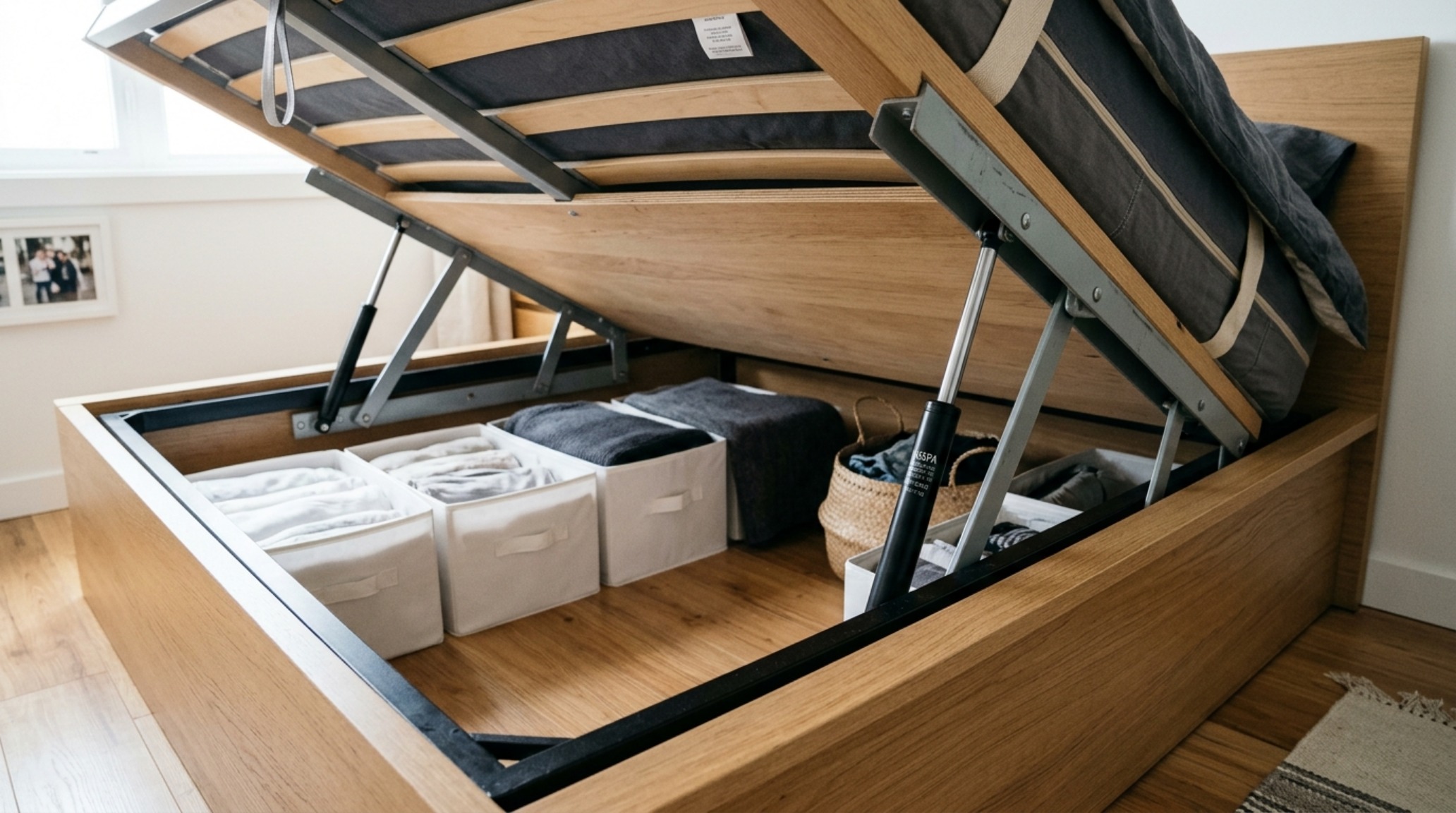 IKEA storage bed ergonomics shown through a cutaway view of the 2012 MALM lift-up bed mechanism, highlighting gas-piston functionality and under-bed volume. IKEA storage bed ergonomics shown through a cutaway view of the 2012 MALM lift-up bed mechanism, highlighting gas-piston functionality and under-bed volume.
