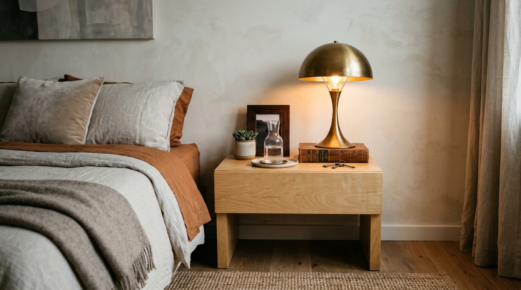 Vintage IKEA furniture trends exemplified by a restored 2012 birch veneer nightstand paired with modern designer lighting and neutral Farrow & Ball paint. Vintage IKEA furniture trends exemplified by a restored 2012 birch veneer nightstand paired with modern designer lighting and neutral Farrow & Ball paint.