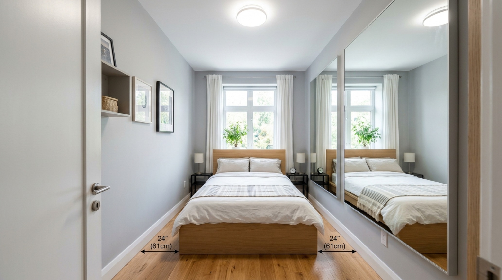 Small bedroom layout rules for narrow rooms using a low-profile 2012 IKEA bed to preserve sightlines and create an airy, expansive visual feel. Small bedroom layout rules for narrow rooms using a low-profile 2012 IKEA bed to preserve sightlines and create an airy, expansive visual feel.