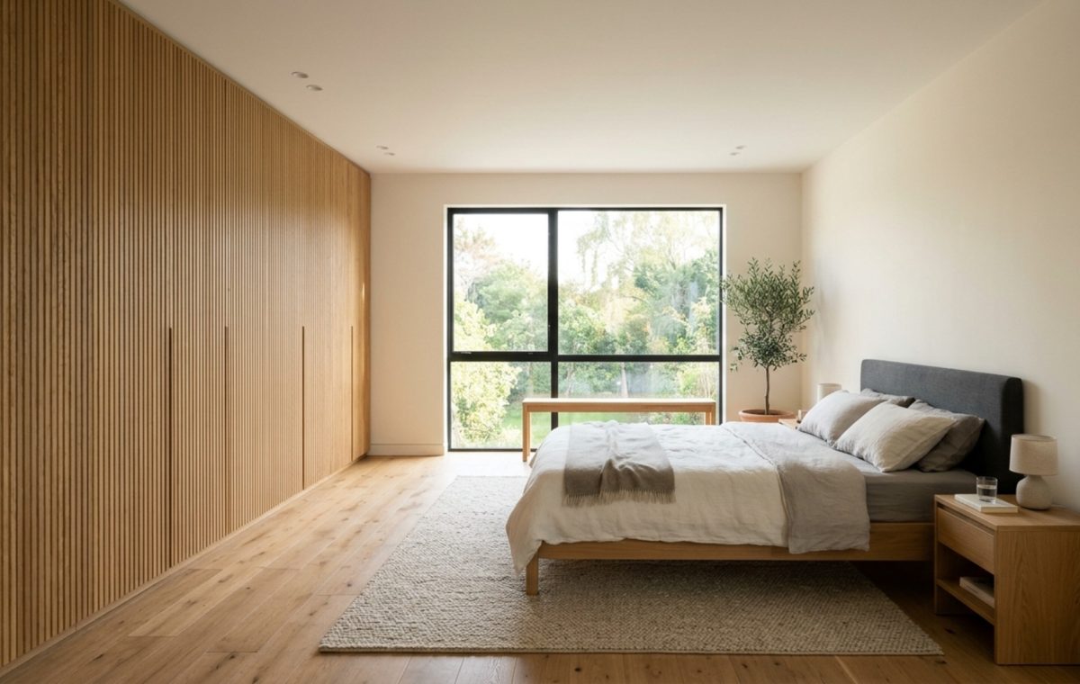minimalist bedroom floor plans featuring 36-inch walkway clearances and custom floor-to-ceiling fluted oak wardrobes in a sun-drenched master suite.