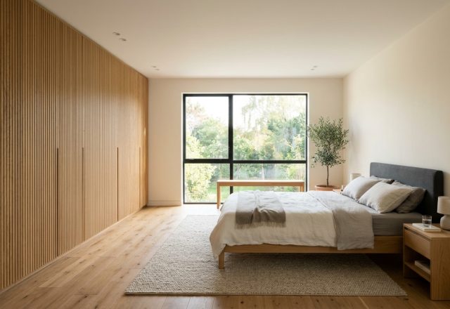 minimalist bedroom floor plans featuring 36-inch walkway clearances and custom floor-to-ceiling fluted oak wardrobes in a sun-drenched master suite.
