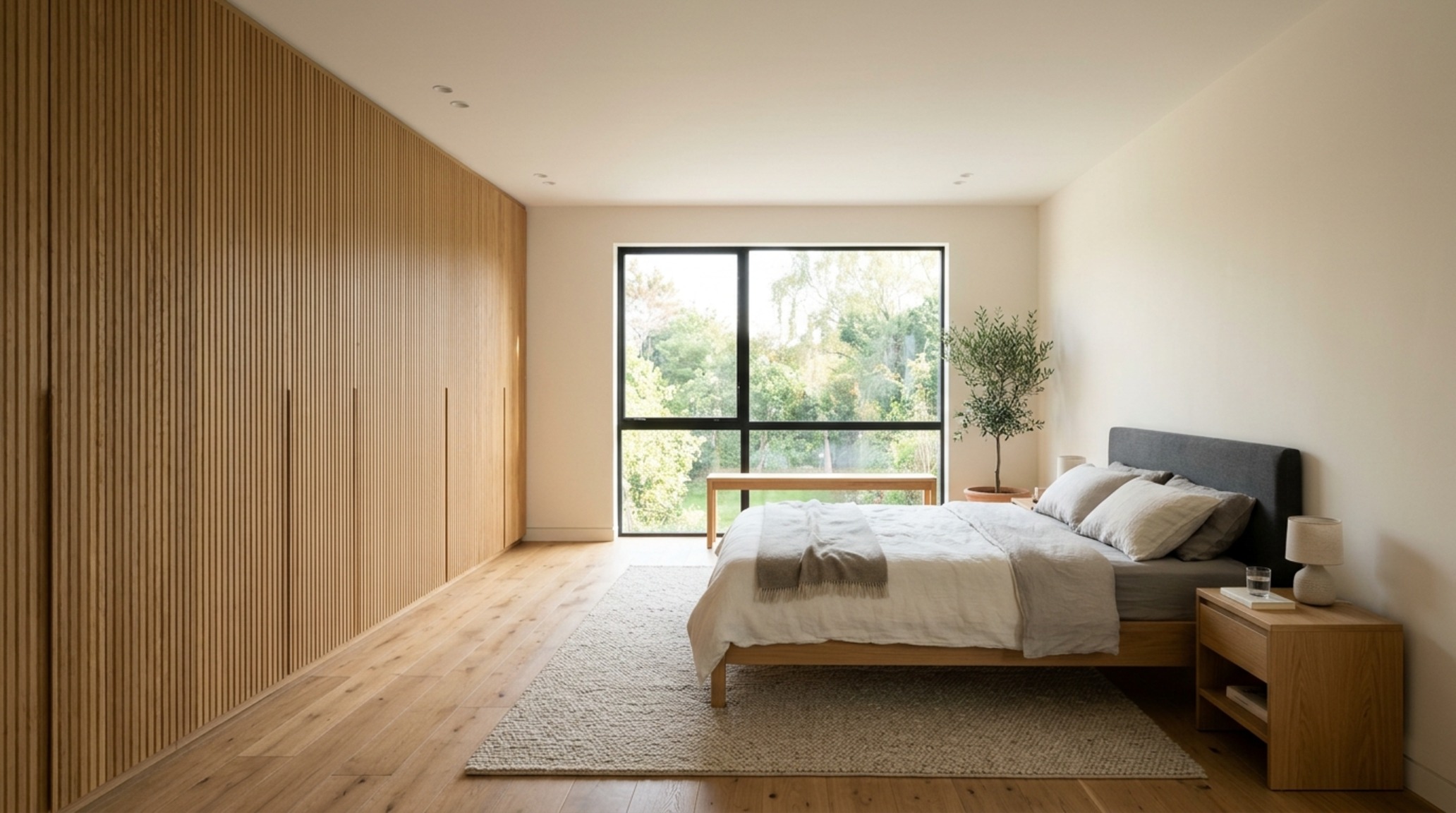 minimalist bedroom floor plans featuring 36-inch walkway clearances and custom floor-to-ceiling fluted oak wardrobes in a sun-drenched master suite. minimalist bedroom floor plans featuring 36-inch walkway clearances and custom floor-to-ceiling fluted oak wardrobes in a sun-drenched master suite.