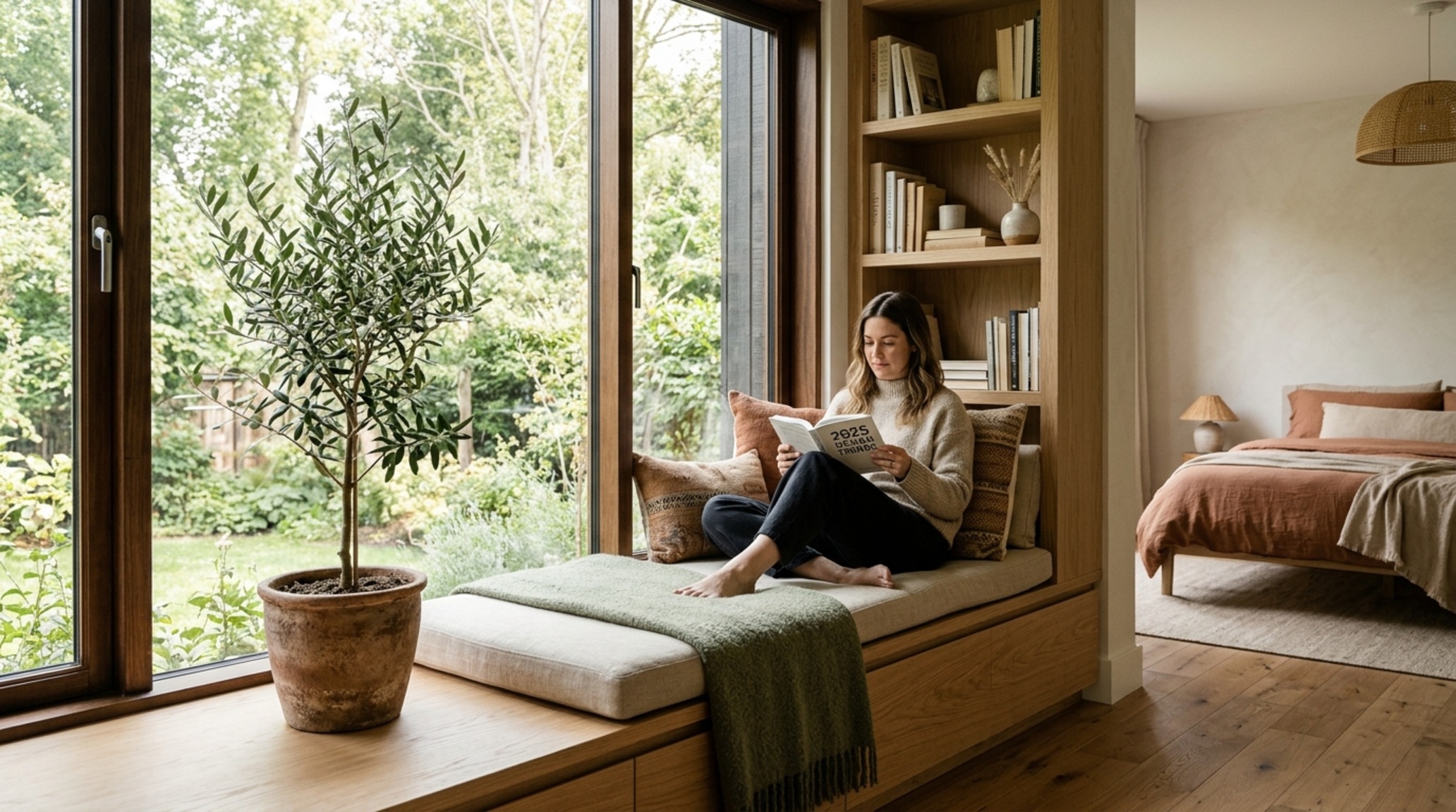 2025 bedroom design trends emphasizing biophilic elements like a built-in planter integrated into a white oak window seat. 2025 bedroom design trends emphasizing biophilic elements like a built-in planter integrated into a white oak window seat.