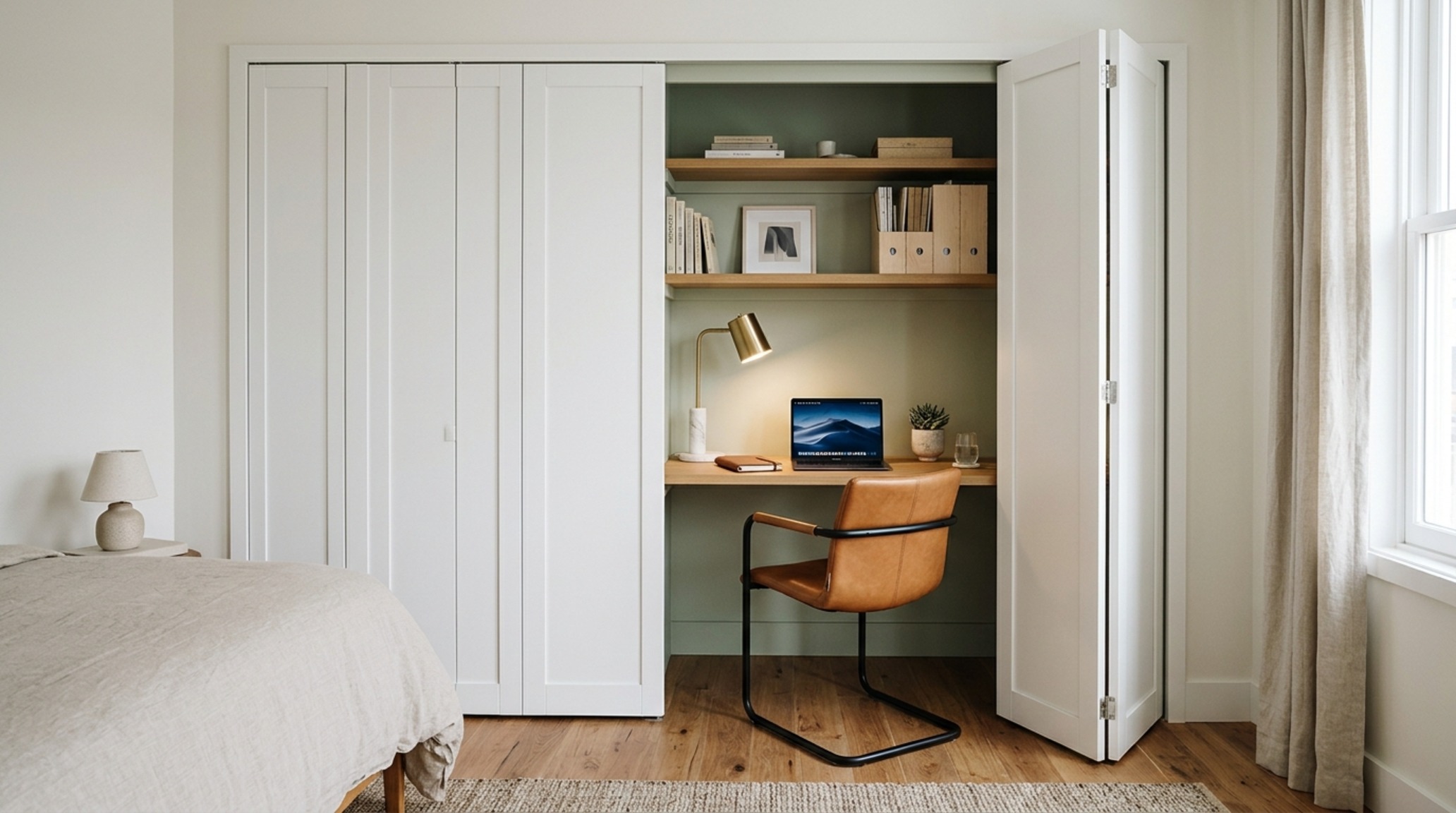 small bedroom storage solutions showcasing a hidden cloffice desk integrated into a seamless wall of minimalist white cabinetry. small bedroom storage solutions showcasing a hidden cloffice desk integrated into a seamless wall of minimalist white cabinetry.
