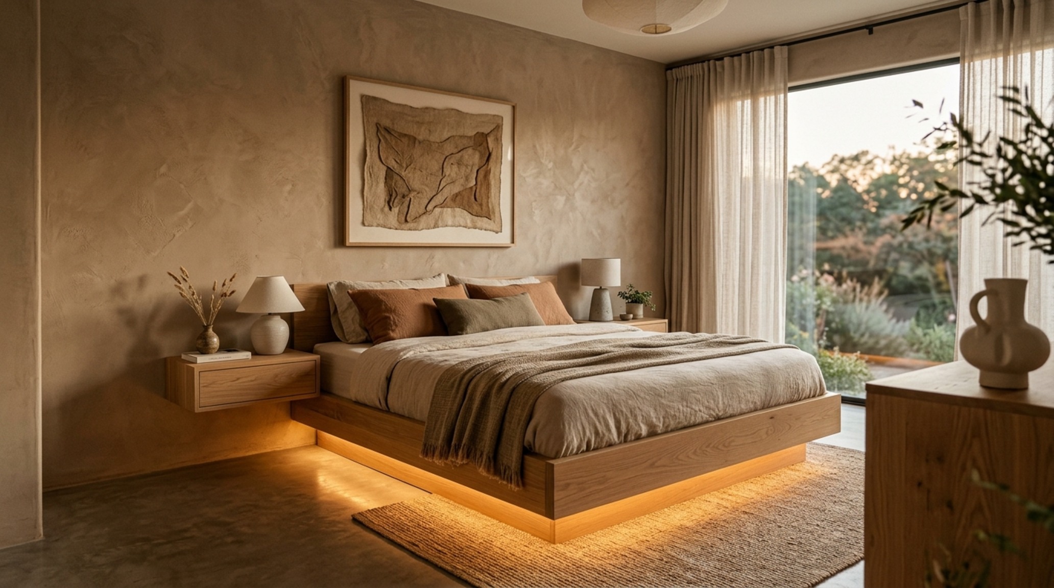 2025 bedroom design trends highlighted by a floating bed frame with integrated LED pathway lighting and natural lime-plastered walls. 2025 bedroom design trends highlighted by a floating bed frame with integrated LED pathway lighting and natural lime-plastered walls.