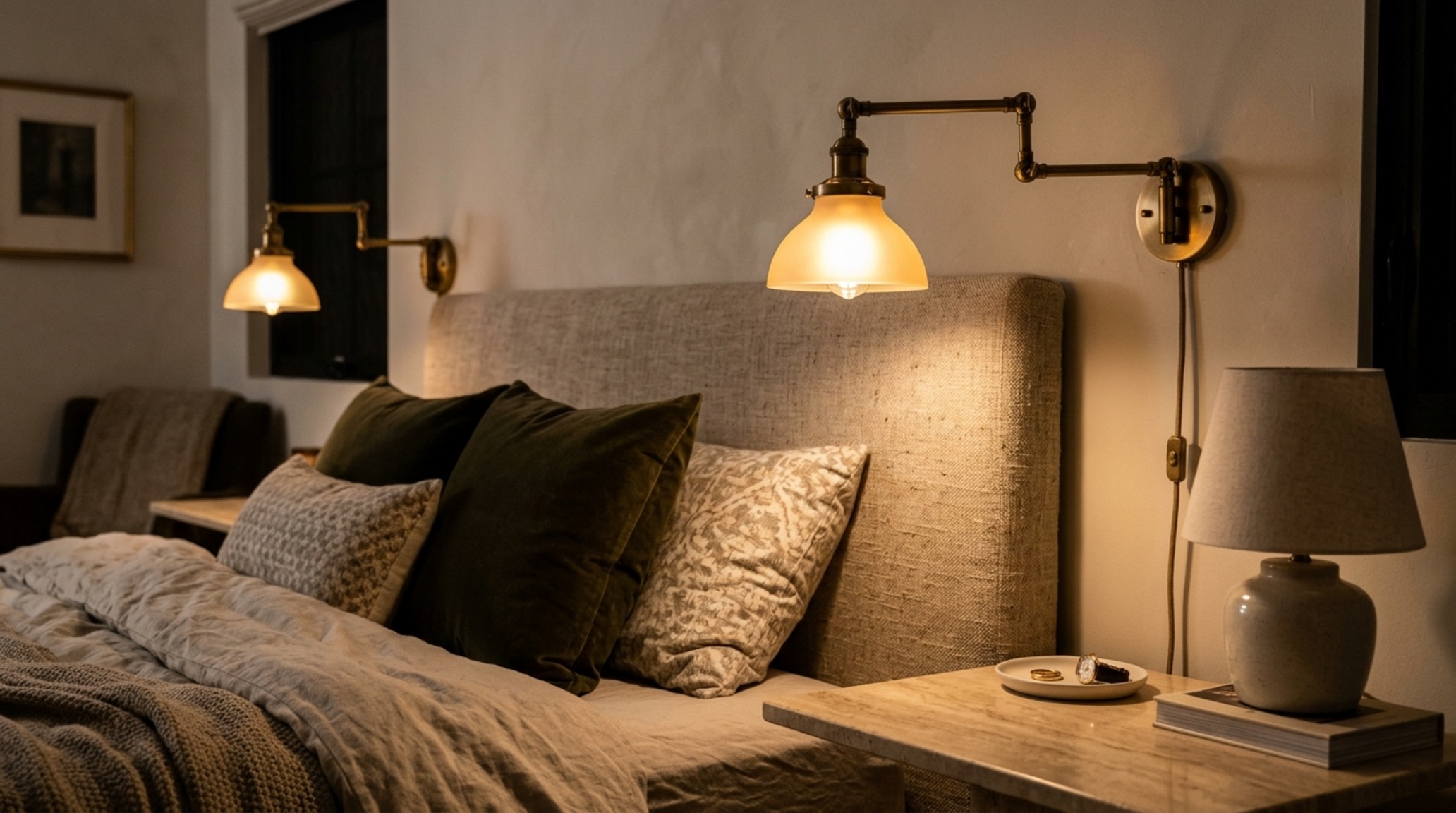 luxury bedroom lighting ideas featuring articulating aged-brass reading sconces and a recessed ceiling cove grazing a textured stone accent wall. luxury bedroom lighting ideas featuring articulating aged-brass reading sconces and a recessed ceiling cove grazing a textured stone accent wall.
