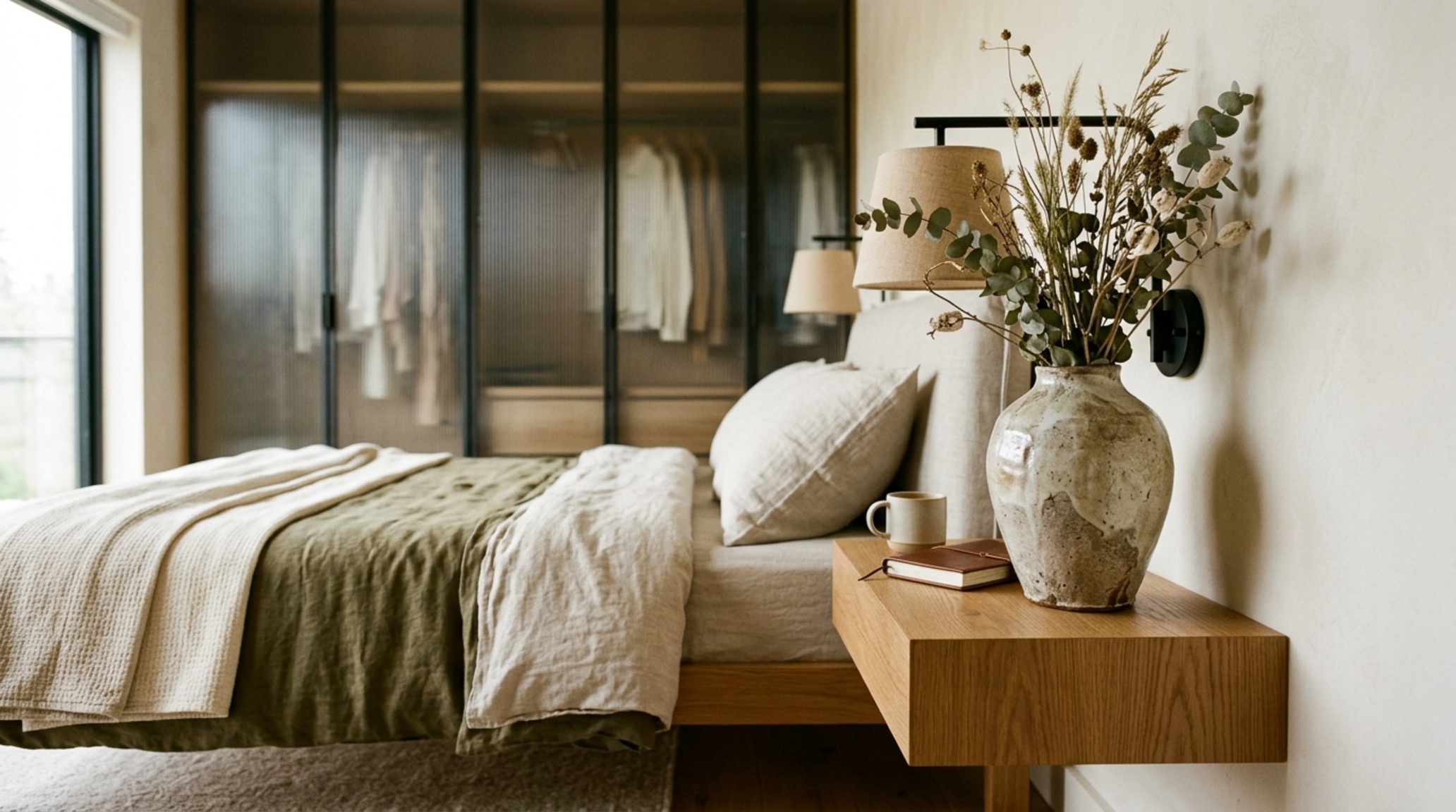 modern master bedroom decor including a single oversized matte ceramic vase on a honed travertine nightstand against a backdrop of fluted glass panels. modern master bedroom decor including a single oversized matte ceramic vase on a honed travertine nightstand against a backdrop of fluted glass panels.