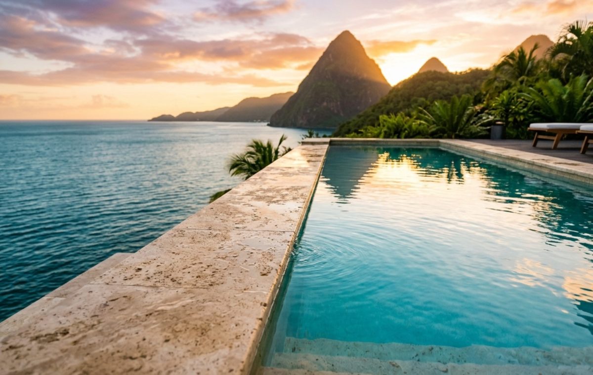 Luxury st lucia infinity pool hotel textures featuring honed silver travertine pool coping and a razor-sharp vanishing edge reflecting the Caribbean horizon.