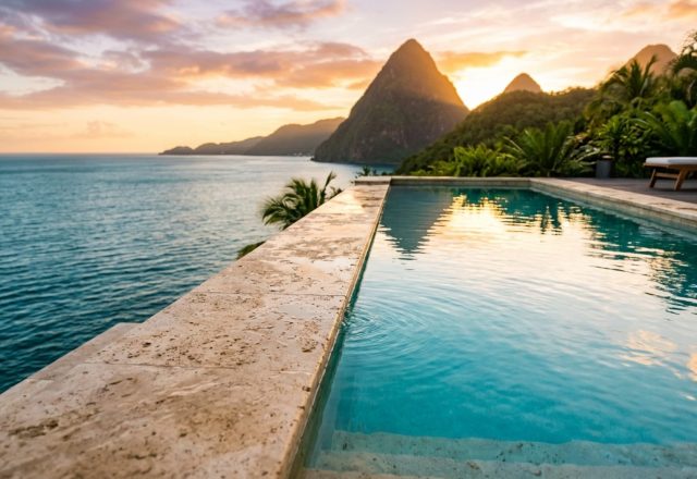 Luxury st lucia infinity pool hotel textures featuring honed silver travertine pool coping and a razor-sharp vanishing edge reflecting the Caribbean horizon.