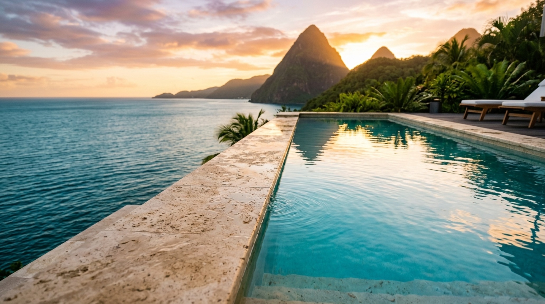 Luxury st lucia infinity pool hotel textures featuring honed silver travertine pool coping and a razor-sharp vanishing edge reflecting the Caribbean horizon. Luxury st lucia infinity pool hotel textures featuring honed silver travertine pool coping and a razor-sharp vanishing edge reflecting the Caribbean horizon.