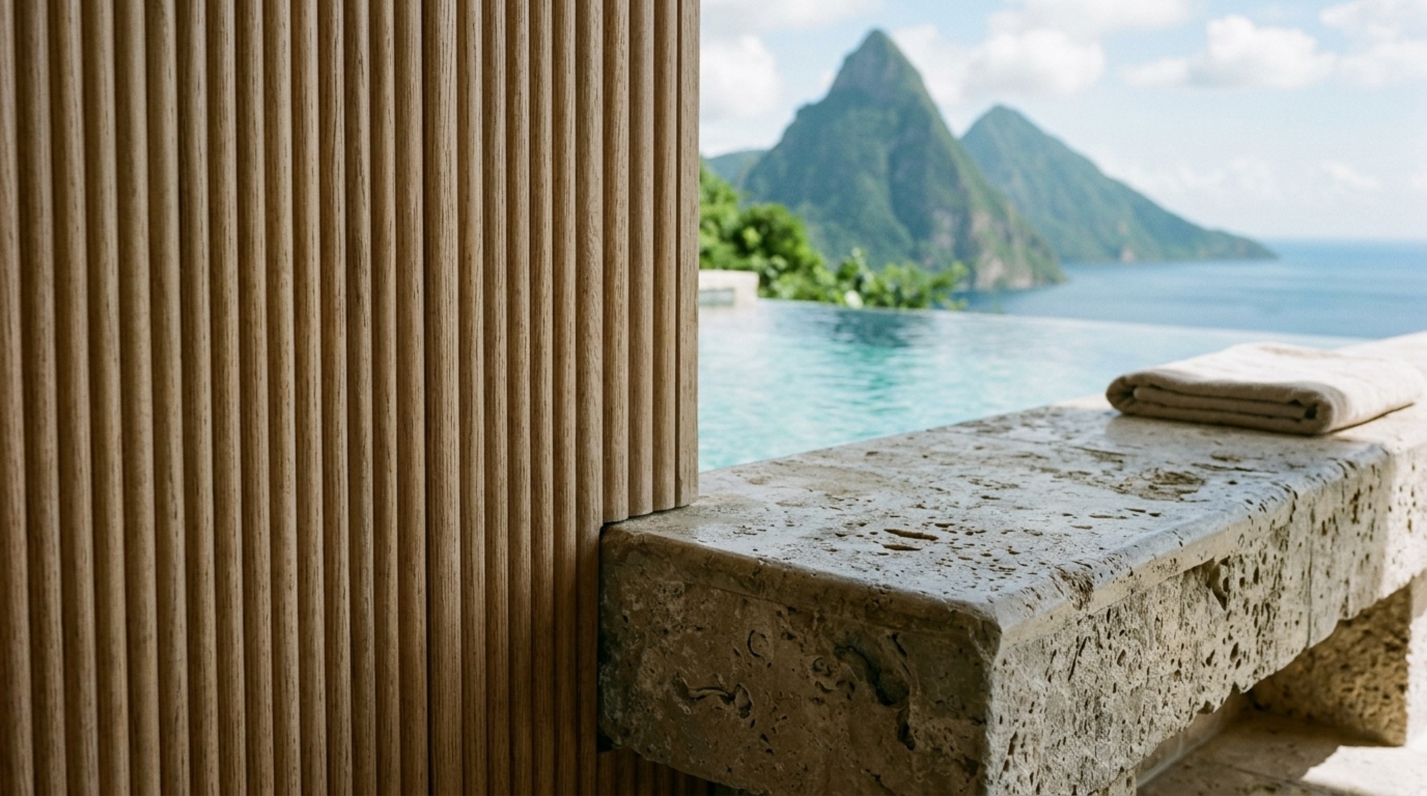 Luxury st lucia infinity pool hotel textures of hand-applied tadelakt plaster in a soft Benjamin Moore Swiss Coffee finish. Luxury st lucia infinity pool hotel textures of hand-applied tadelakt plaster in a soft Benjamin Moore Swiss Coffee finish.