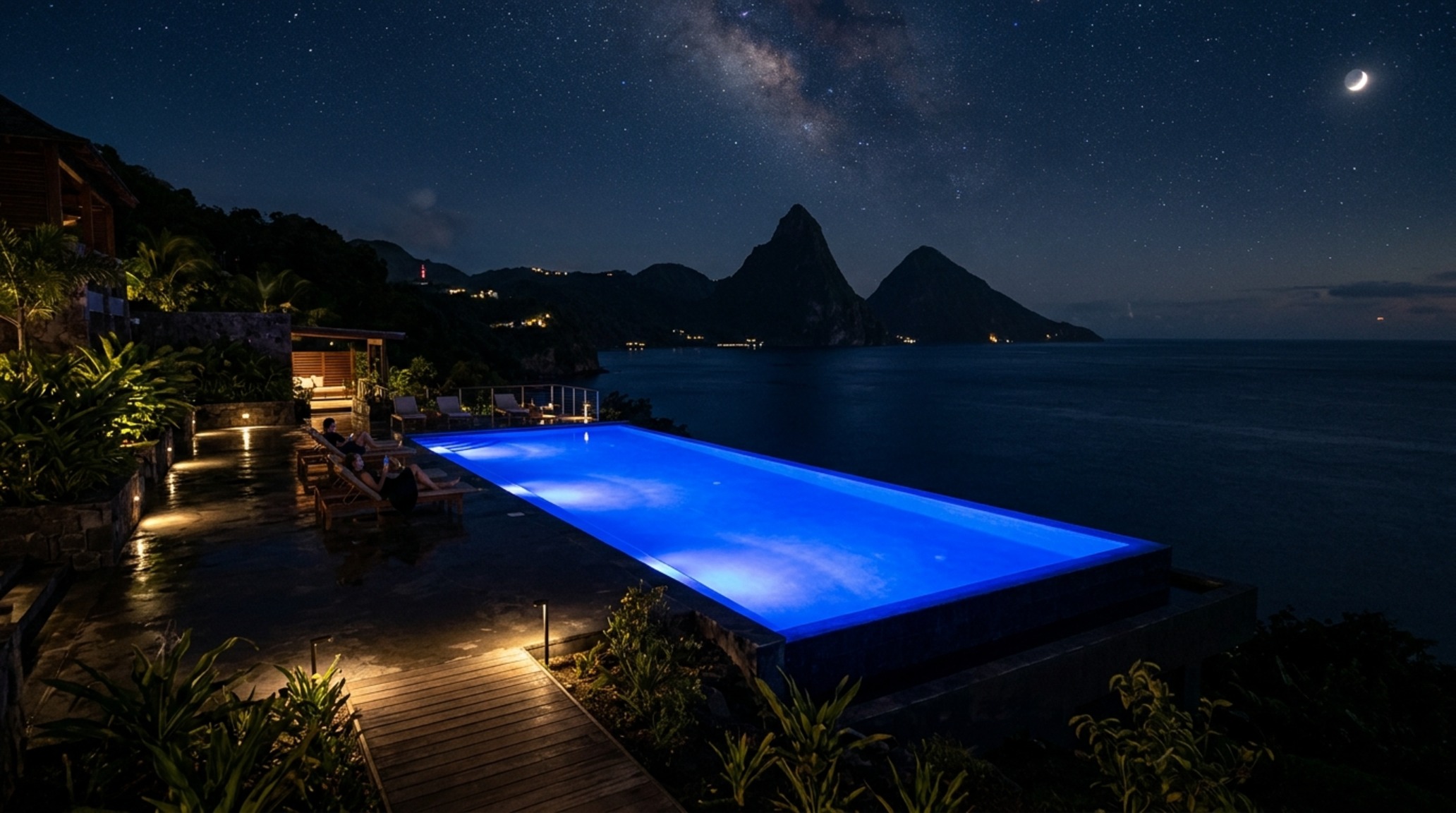 St lucia infinity pool hotel lighting guide with linear LED steps providing safe passage to the water's edge without disrupting the night sky views. St lucia infinity pool hotel lighting guide with linear LED steps providing safe passage to the water's edge without disrupting the night sky views.