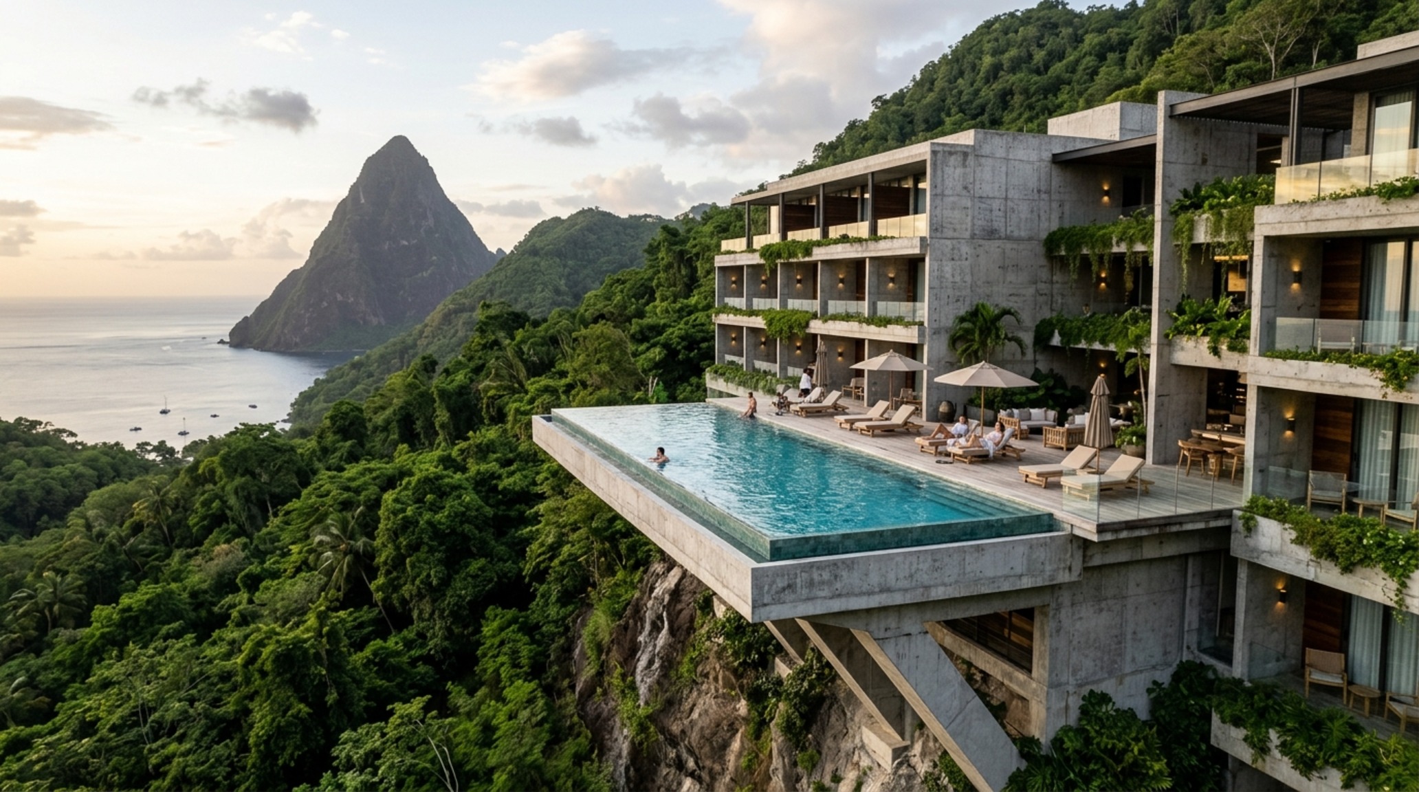 Modern st lucia infinity pool hotel ideas showcasing a cantilevered concrete deck with slim architectural profiles and integrated glass railings. Modern st lucia infinity pool hotel ideas showcasing a cantilevered concrete deck with slim architectural profiles and integrated glass railings.