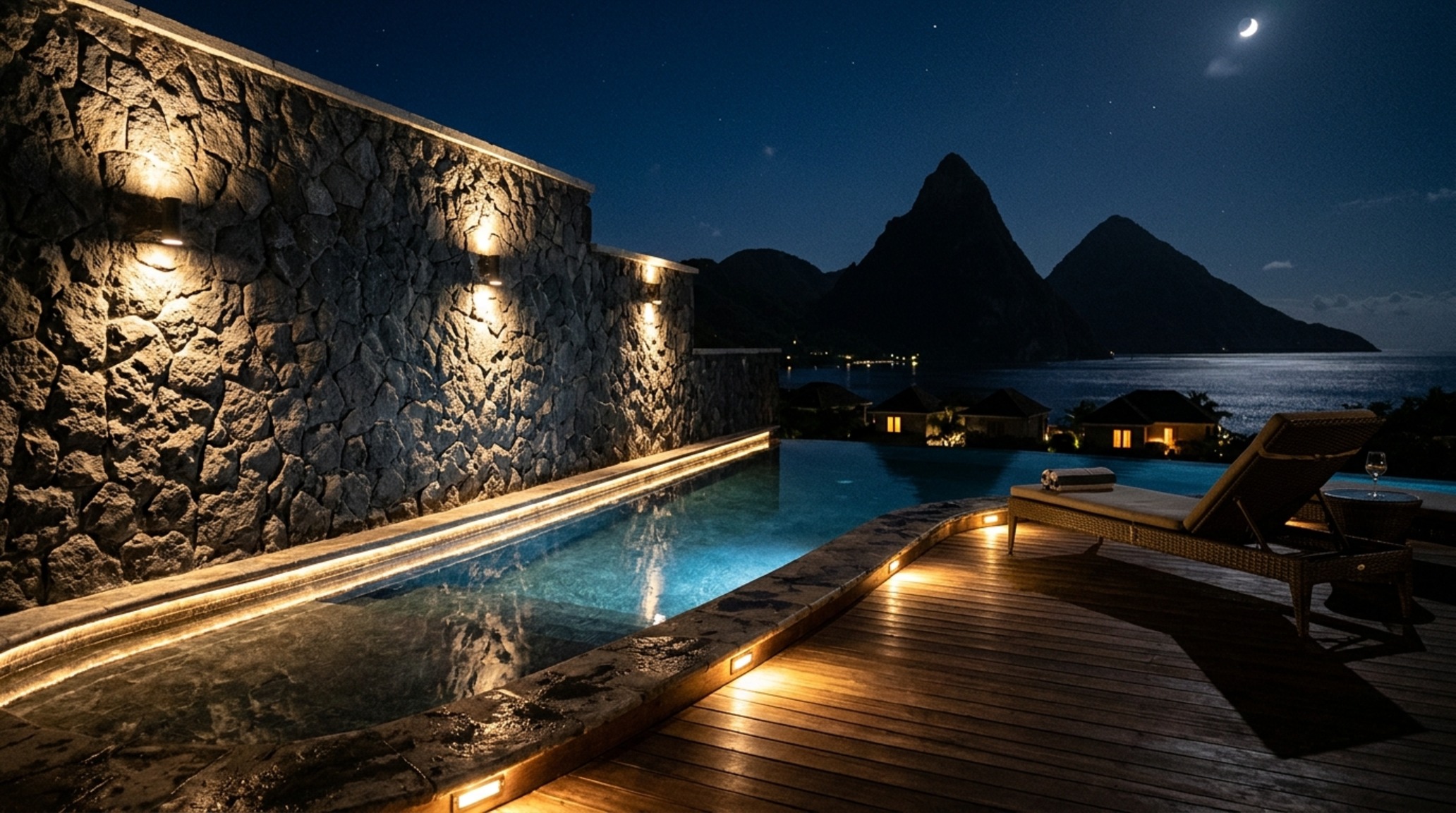 St lucia infinity pool hotel lighting guide demonstrating 2700K warm ambient recessed LEDs grazing a fluted oak wall at twilight. St lucia infinity pool hotel lighting guide demonstrating 2700K warm ambient recessed LEDs grazing a fluted oak wall at twilight.
