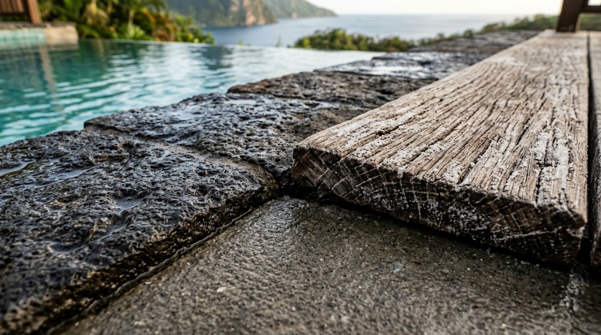 Luxury st lucia infinity pool hotel textures highlighting board-formed concrete walls and custom-fabricated bronze hardware in a coastal suite. Luxury st lucia infinity pool hotel textures highlighting board-formed concrete walls and custom-fabricated bronze hardware in a coastal suite.