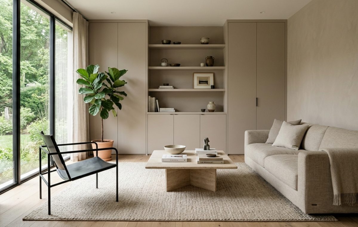 A sophisticated living room featuring design confidential underrated paint colors decor ideas with Farrow and Ball Mouse's Back walls and integrated fluted oak cabinetry.