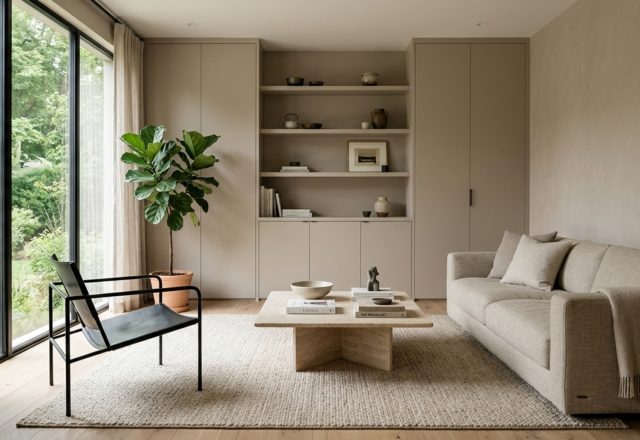 A sophisticated living room featuring design confidential underrated paint colors decor ideas with Farrow and Ball Mouse's Back walls and integrated fluted oak cabinetry.
