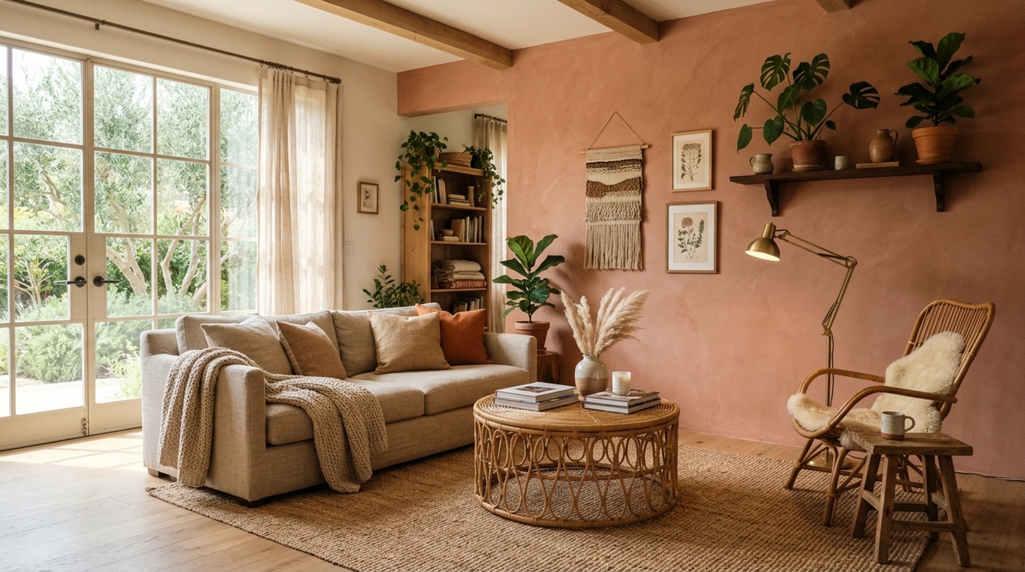 Living area with terracotta accent wall decor ideas 2025, featuring a muted sun-baked clay finish and 3000K task lighting.