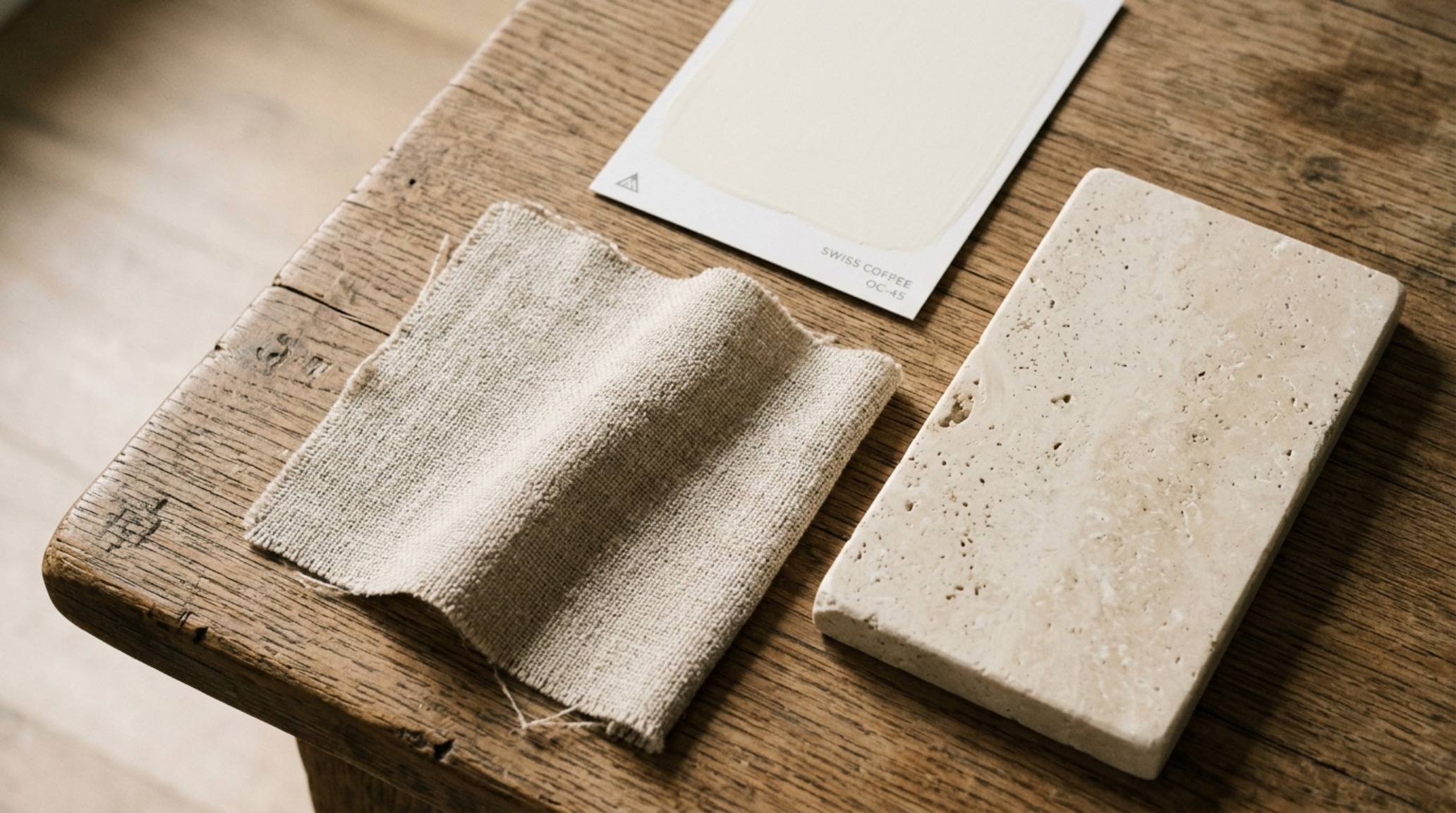 Detailed shot of Belgian linen upholstery against a wall painted in Benjamin Moore Swiss Coffee for a quiet luxury aesthetic.