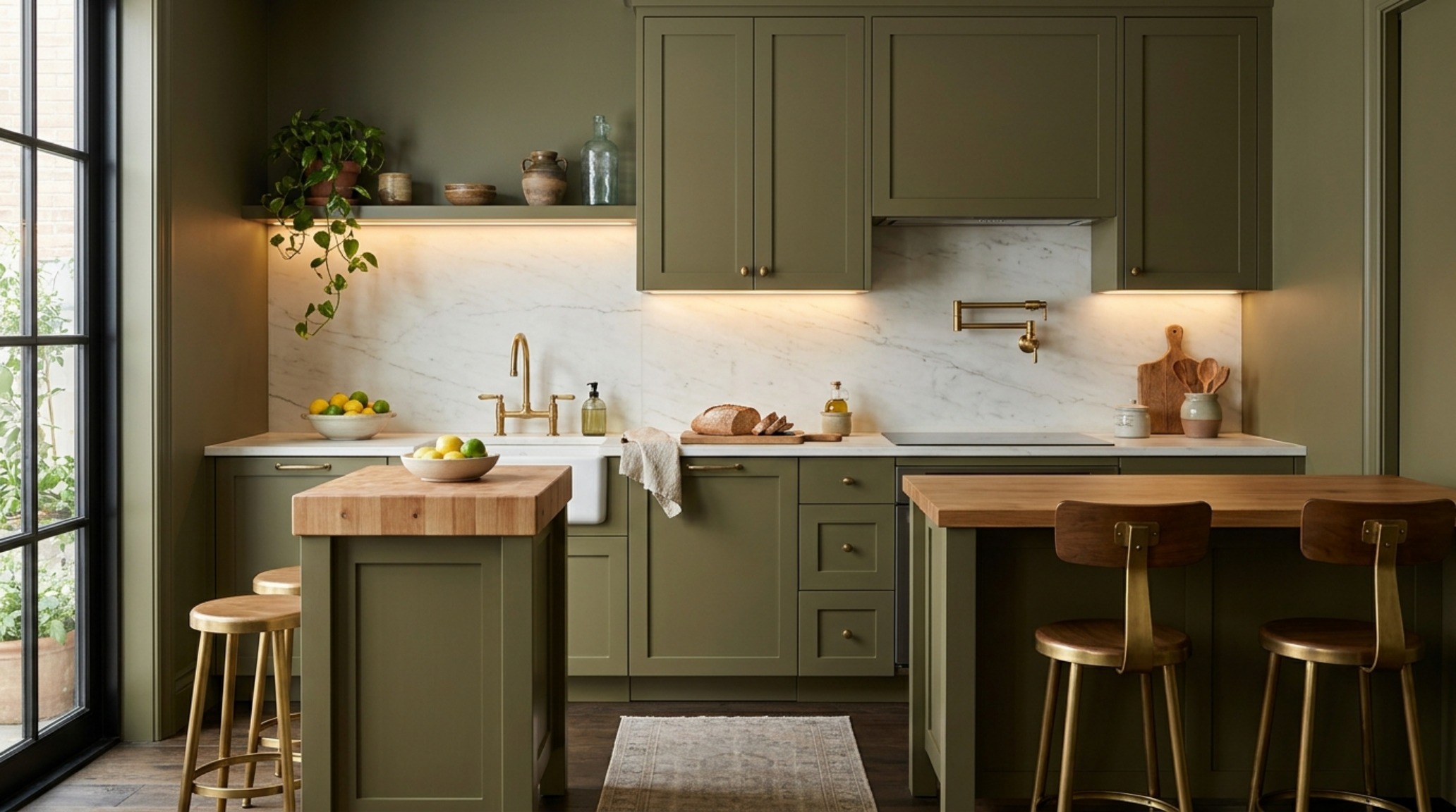 A modern kitchen utilizing olive-drab cabinetry and low-contrast palettes to camouflage storage in a compact urban footprint.