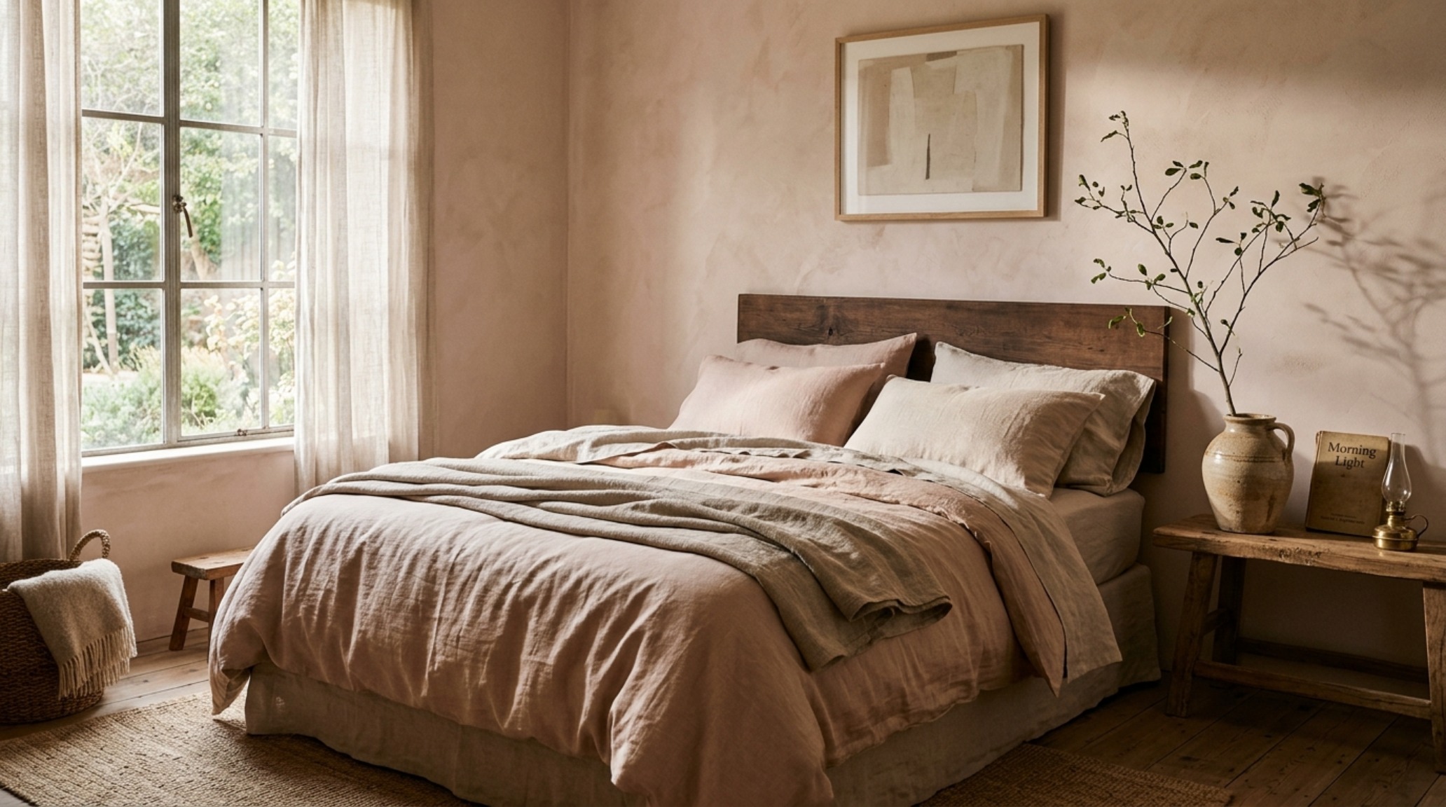 Bedroom with Farrow and Ball Setting Plaster walls, creating a warm nude backdrop that maximizes natural light and spatial flow.