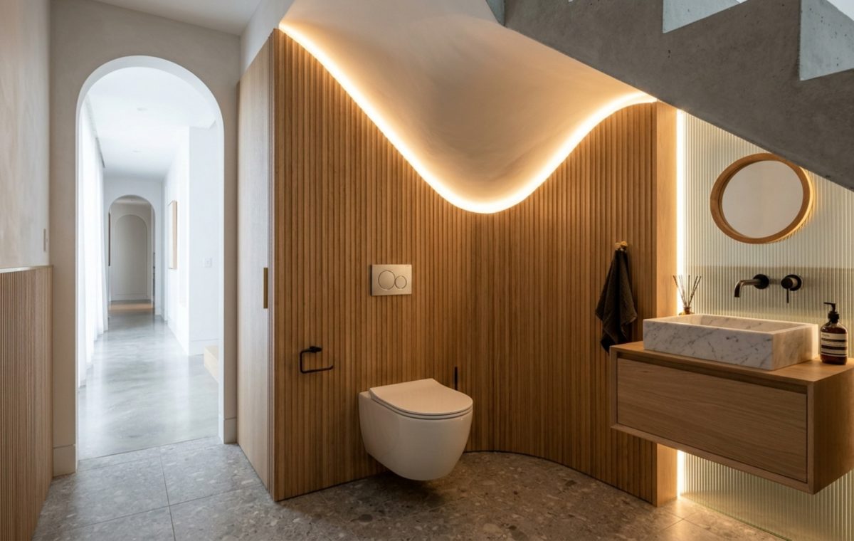 Sophisticated powder room under stairs featuring a wall-hung Geberit toilet, vertical fluted oak wall panels, and soft warm cove lighting integrated into the sloping ceiling line.