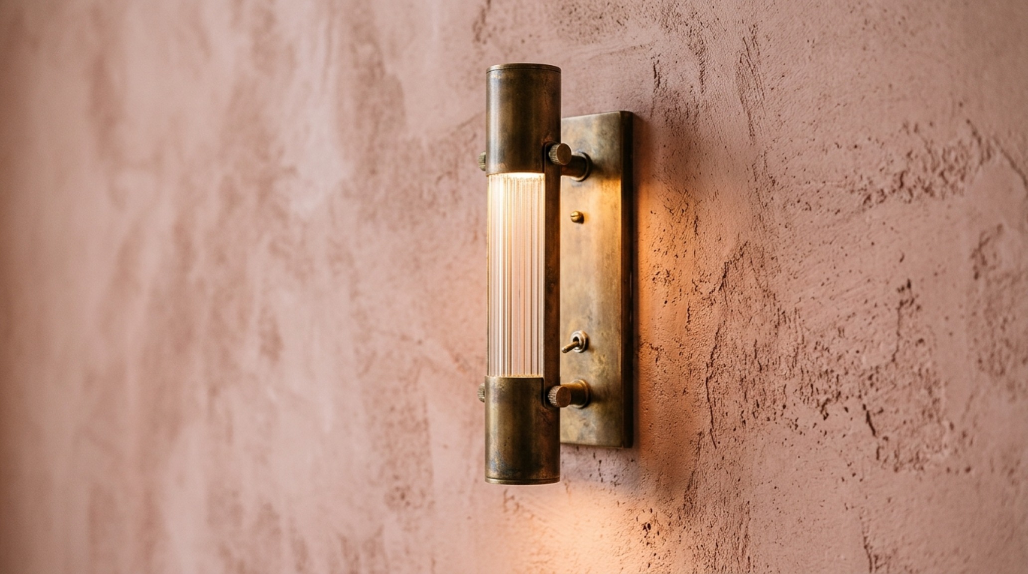 Close-up of tactile design details in a tiny half bath including Farrow and Ball Setting Plaster limewash walls and a high-CRI 2700K designer wall sconce. Close-up of tactile design details in a tiny half bath including Farrow and Ball Setting Plaster limewash walls and a high-CRI 2700K designer wall sconce.