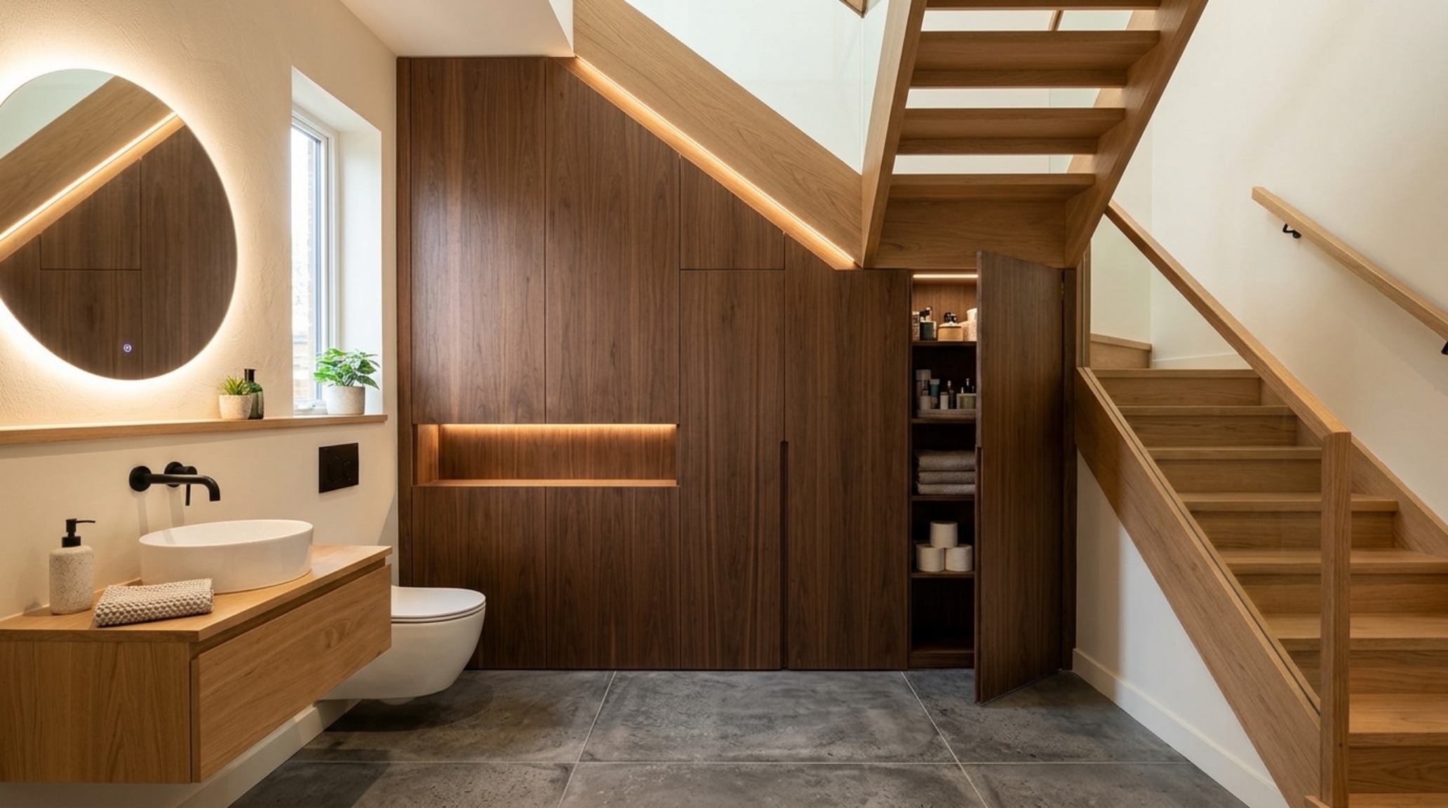 Smart architectural storage under stairs integrated into a powder room wall, featuring push-to-open fluted wood cabinetry that conceals plumbing and toiletries. Smart architectural storage under stairs integrated into a powder room wall, featuring push-to-open fluted wood cabinetry that conceals plumbing and toiletries.