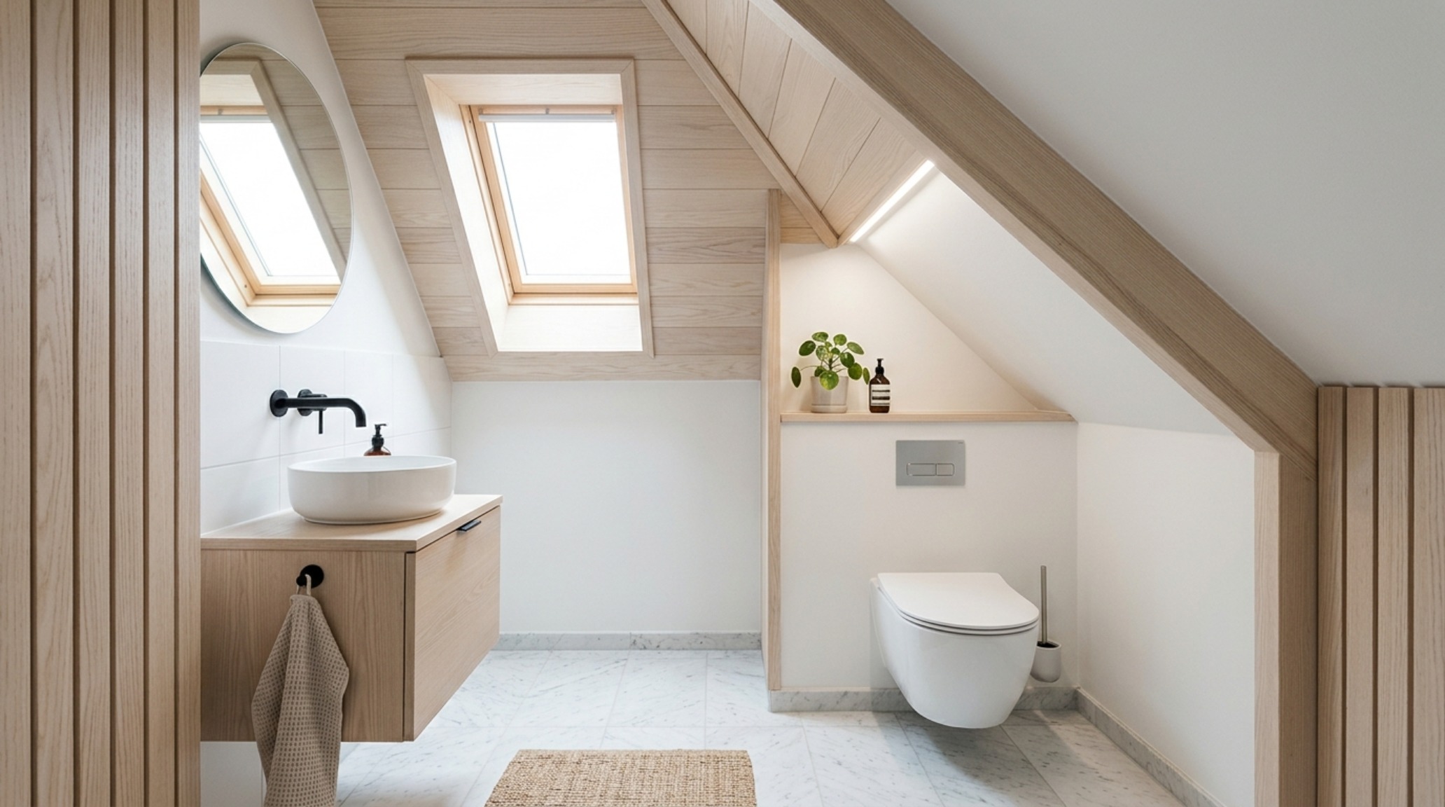 Modern minimal powder room under stairs with large format stone tiles that extend up the wall to visually expand the compact floor plan. Modern minimal powder room under stairs with large format stone tiles that extend up the wall to visually expand the compact floor plan.
