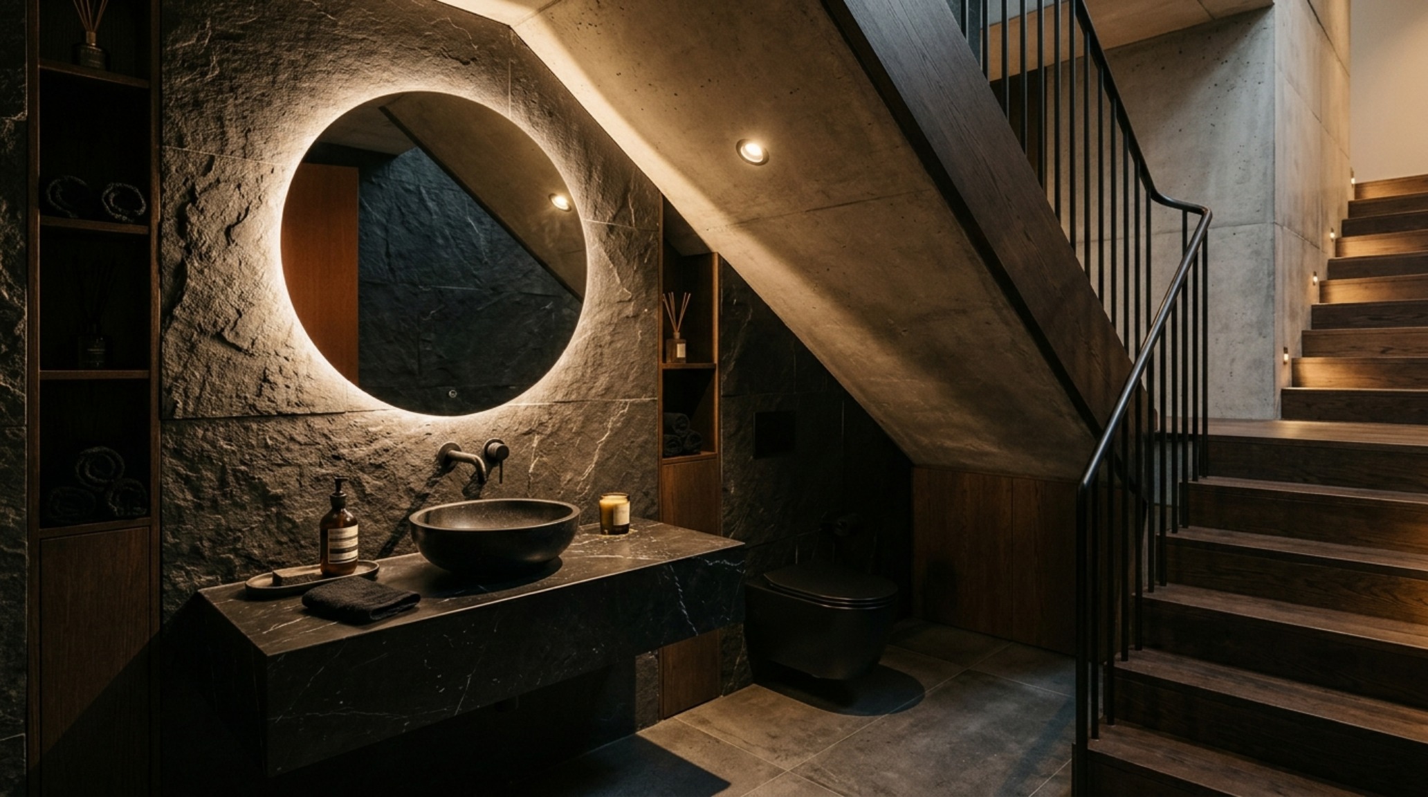 A moody jewel box bathroom design under a staircase featuring deep charcoal lime-paint, brushed gold accents, and a backlit circular mirror. A moody jewel box bathroom design under a staircase featuring deep charcoal lime-paint, brushed gold accents, and a backlit circular mirror.