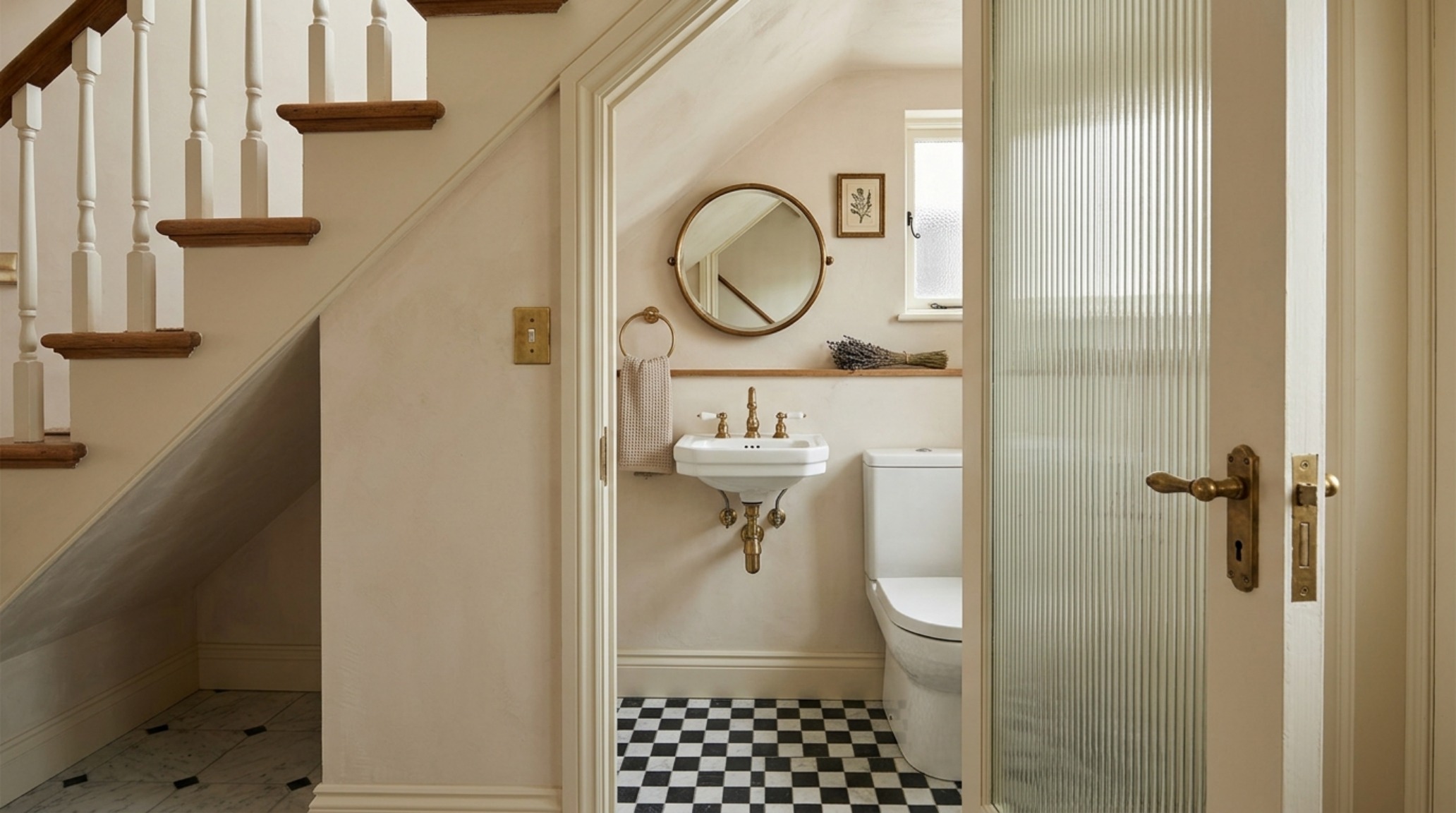 Editorial view of a space saving floating vanity for half bath with integrated stone basin and minimalist matte black hardware in a narrow staircase footprint. Editorial view of a space saving floating vanity for half bath with integrated stone basin and minimalist matte black hardware in a narrow staircase footprint.